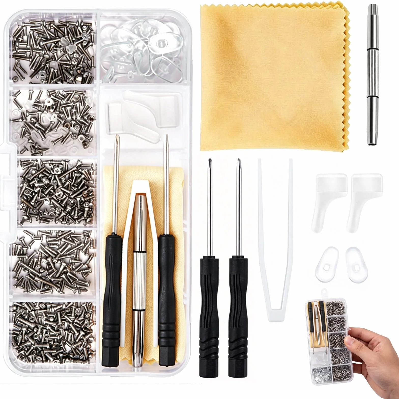 Kit Réparation Lunettes 500 Pièces Vis Inox Tournevis Opticien Plaquettes Silicone