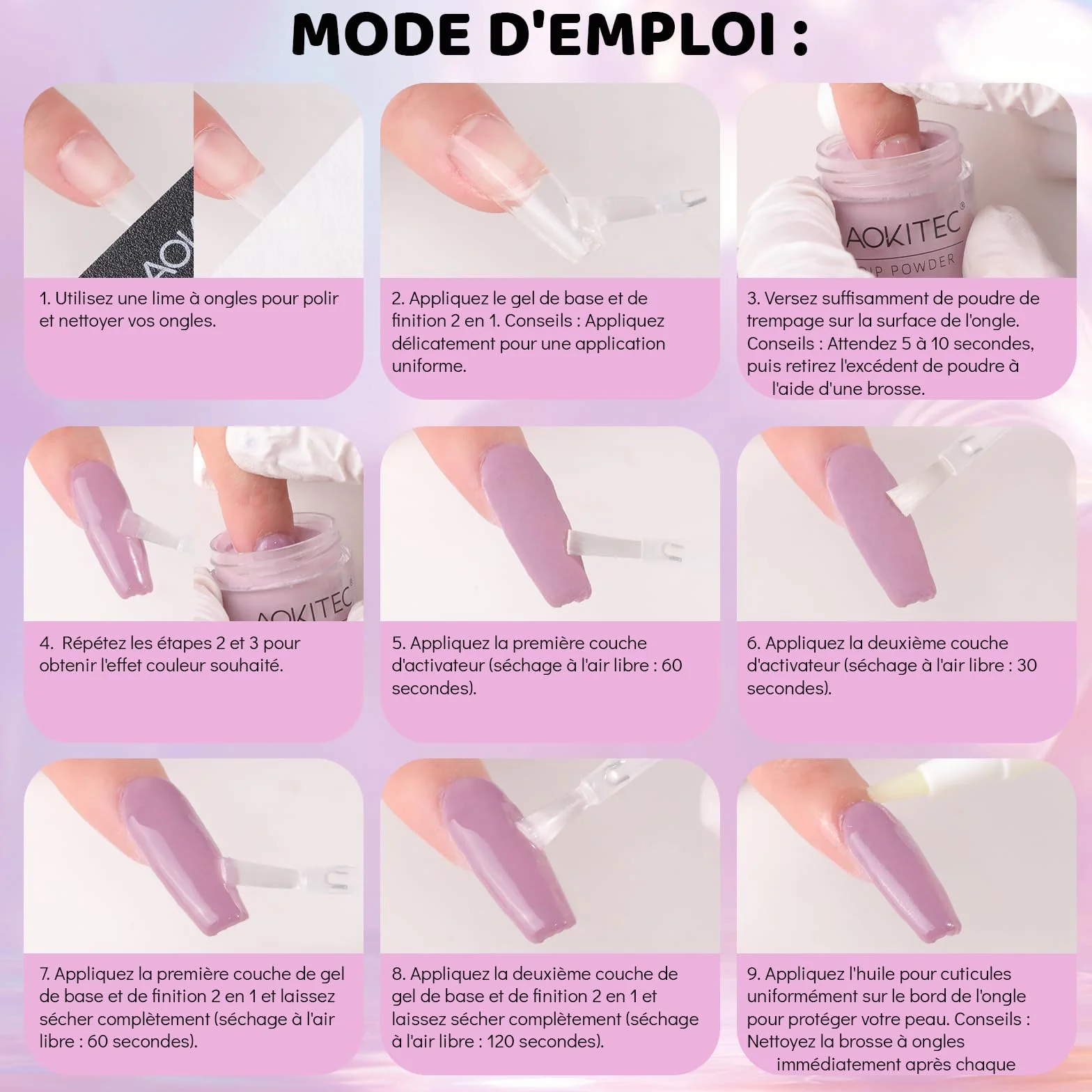Aokitec Kit de poudre pour ongles en trempage Collection Fêtes violette pailletée liquide trempage pinceau poussière nail art DIY