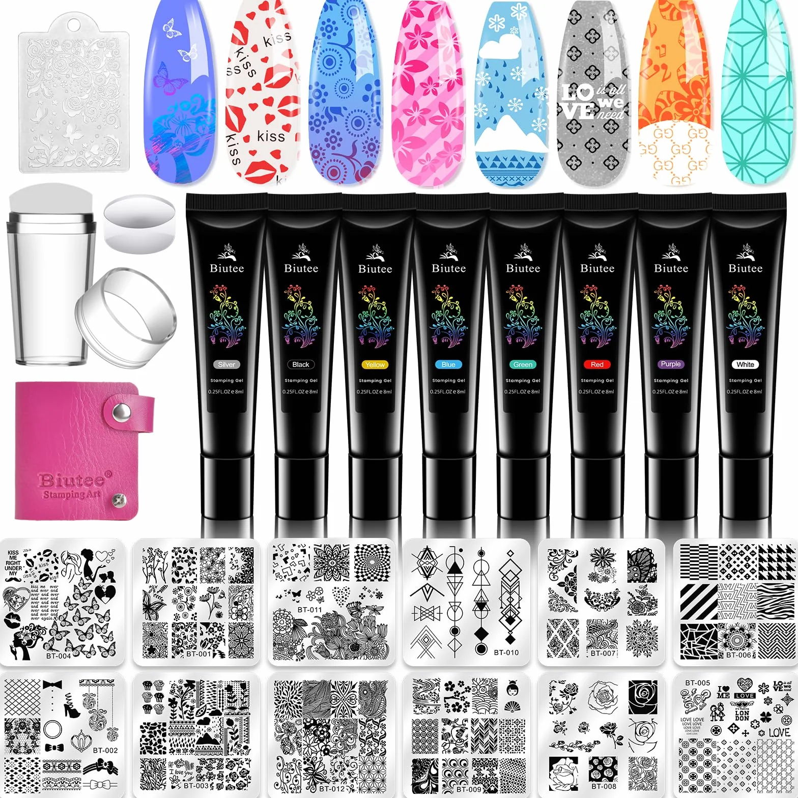 Biutee Set de Stamping Nail Art Kit d'estampage d'ongles 15 pièces modèles d'art d'ongle avec motifs d'animaux, de feuilles et de fleurs 1 Tampon 2 Grattoir 1 Paquet de Cartes