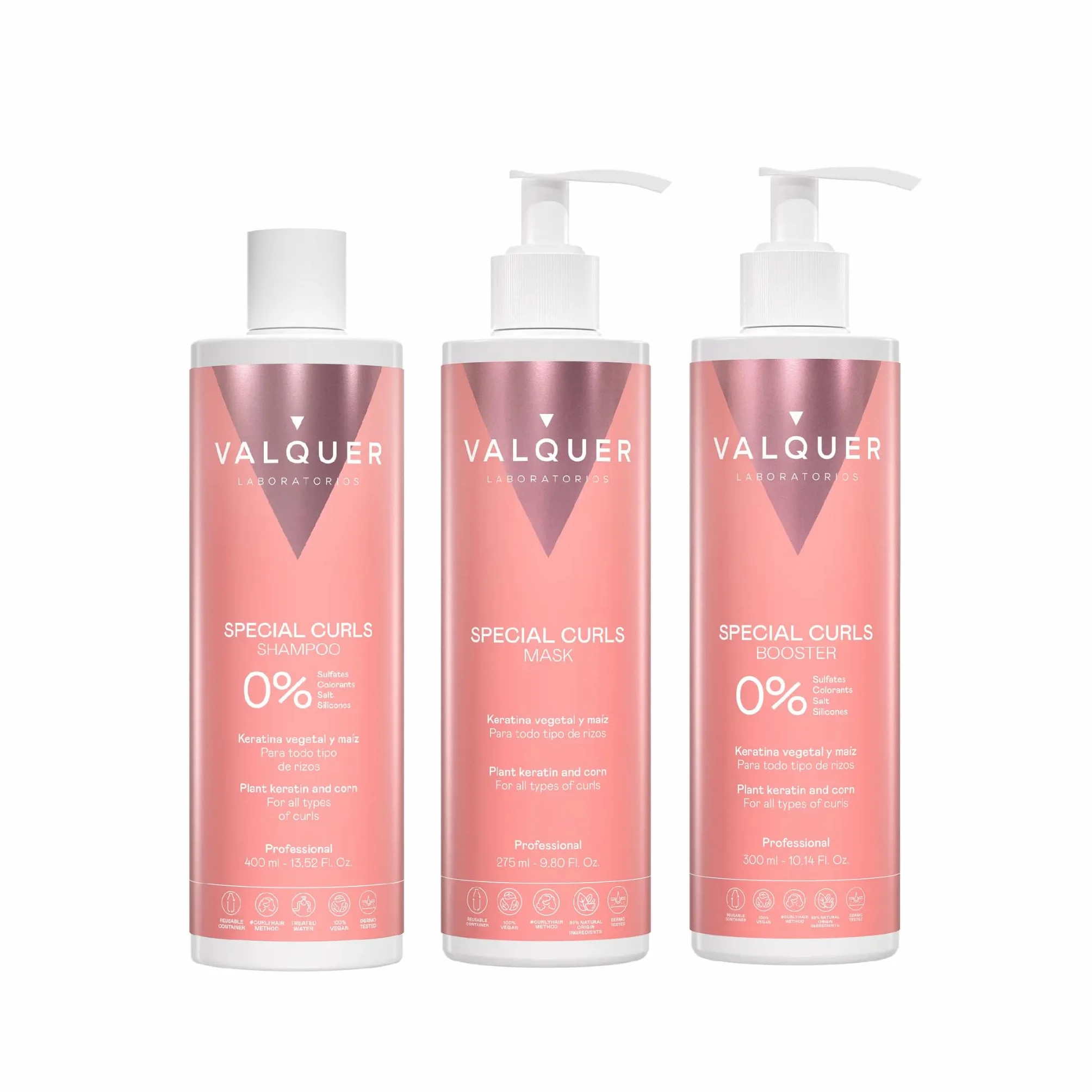 Valquer Professional Curly Method Pack Shampooing 400 ml + Masque 290 ml + Booster 300 ml Spécial Boucles, Cheveux Bouclés, Sans Sulfates, Sans Sel. Jusqu'à 96% d'origine naturelle