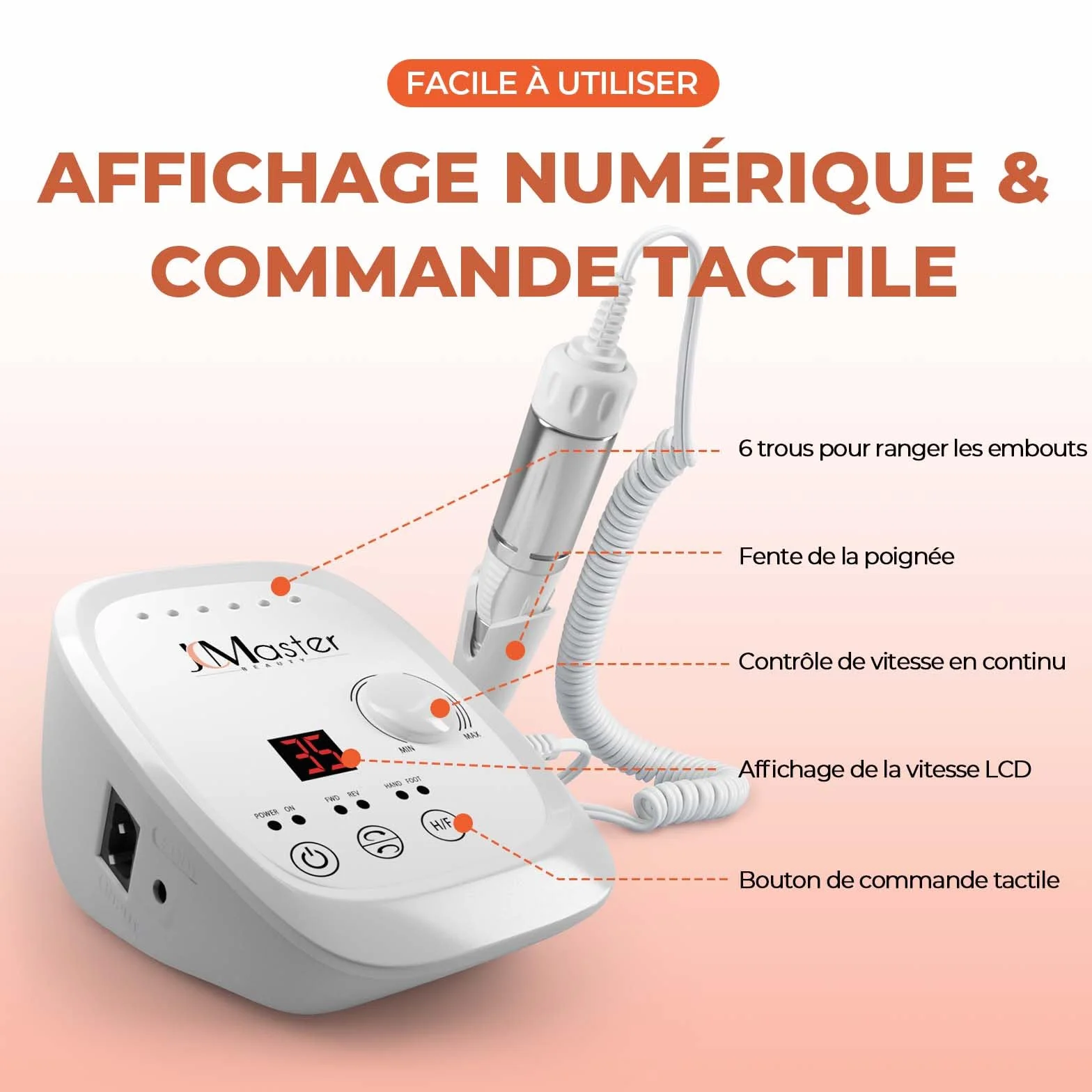 JCMASTER Ponceuse pour Ongles Professionnelle, 35000 tr/min Lime à Ongles Électrique avec Pédale + 6 Embouts Set Manucure Pédicure pour Retirer le Vernis/Gel/Cuticules