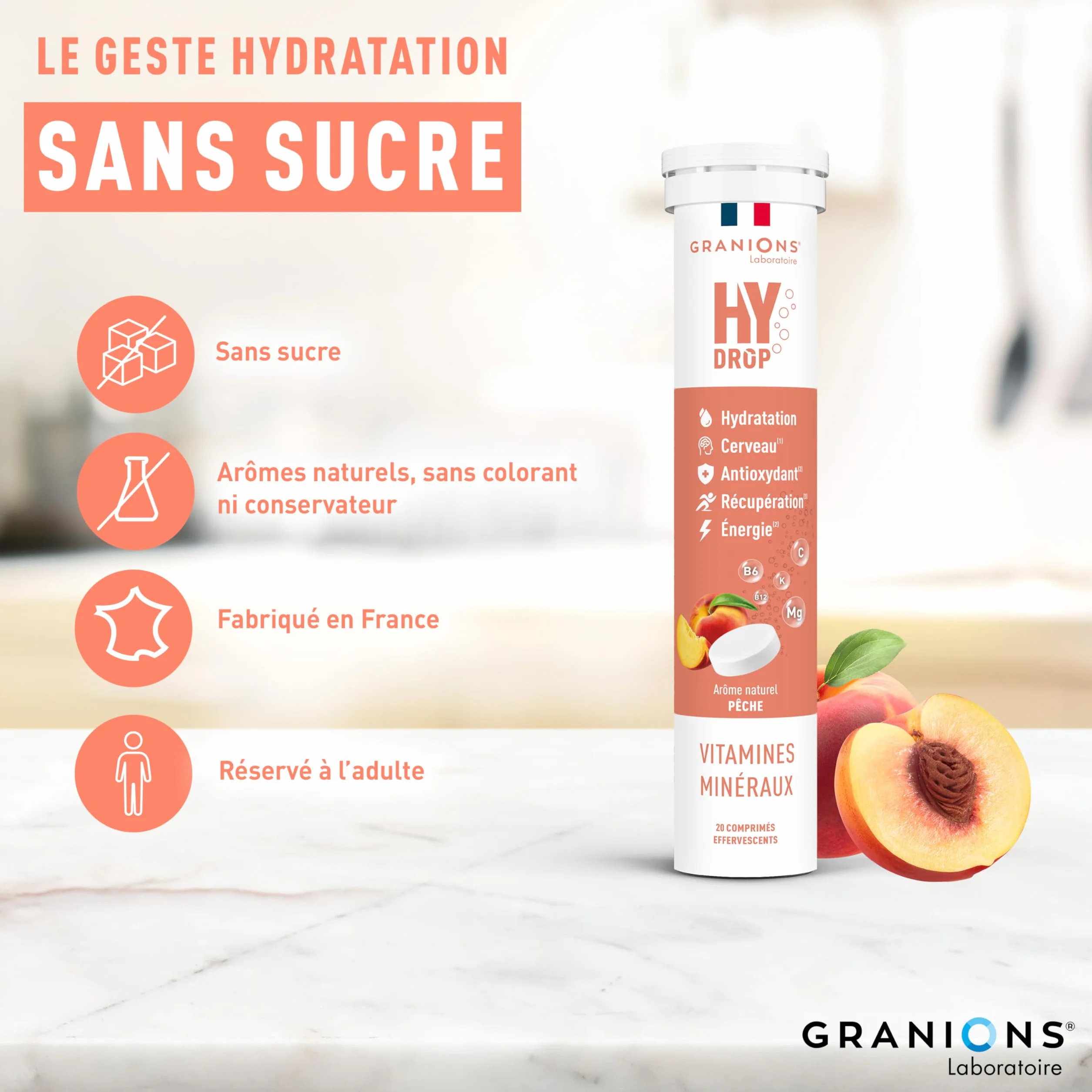 GRANIONS HYDROP Pastilles Hydratation Pêche Sans Sucres Électrolytes Magnésium 20 Pastilles Effervescentes