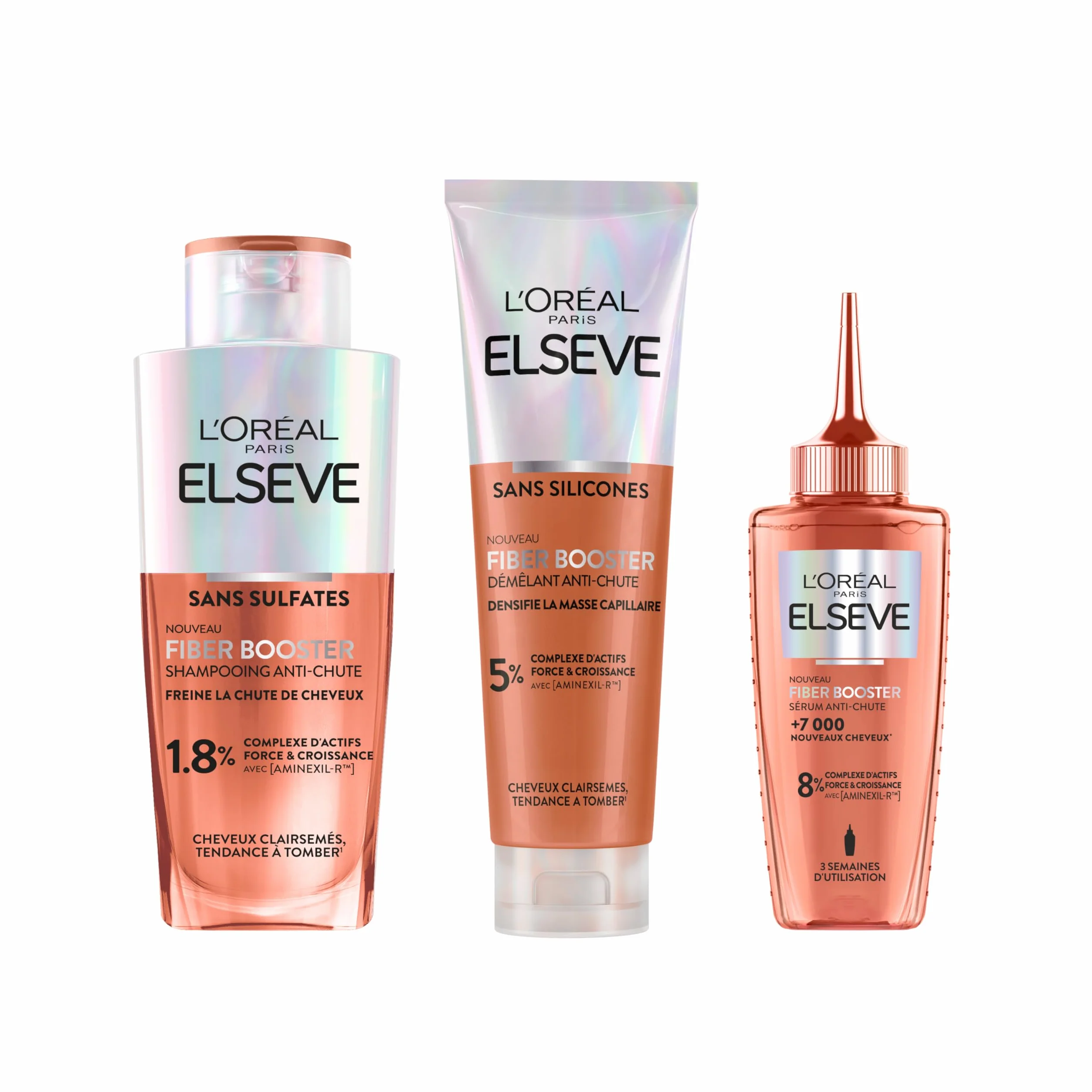 L'Oréal Paris Elvive Kit Anti-Chute Growth Booster Cheveux Abîmés Elseve Fiber Booster Shampoing 200ml + Après-Shampoing 150ml + Sérum 102ml avec Aminexil-R Niacinamide - Lot de 3
