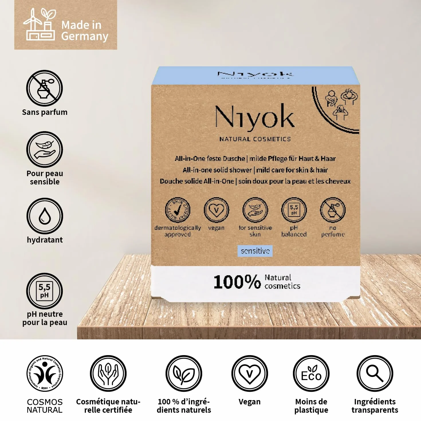 Niyok Douche Tout-en-Un Sensitiv 80g Savon Corps Cheveux Visage Soin Doux Naturel Végan