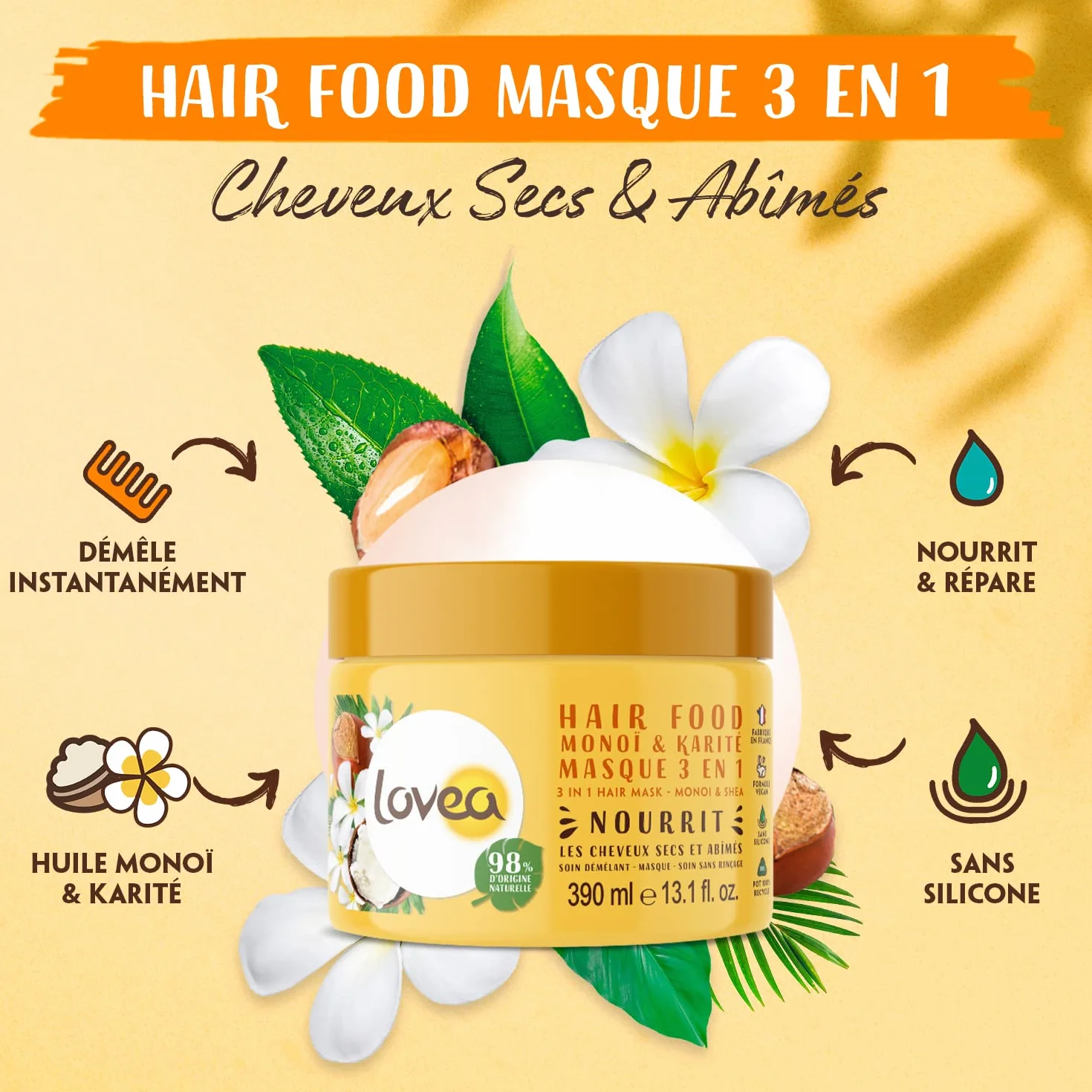 LOVEA Hair Food Masque 3 En 1 Monoï & Karité Cheveux Secs Et Abimés 390 ml