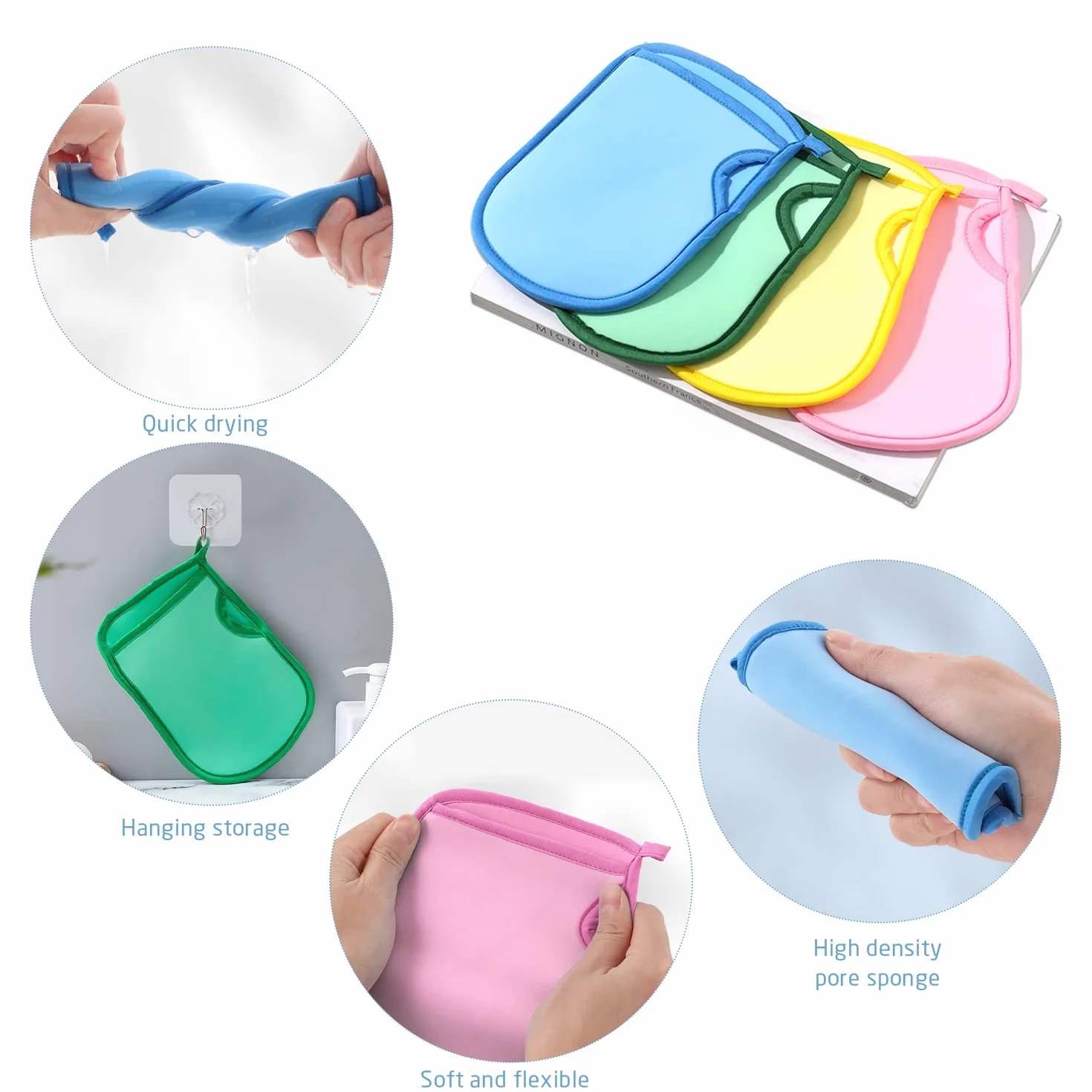 4 Gants de Bain Super Doux et Exfoliants, Avec Crochets et Sacs de Rangement, Gants en Eponge de Bain, Gants de Bain Indolores, Adaptés aux Adultes et aux Enfants