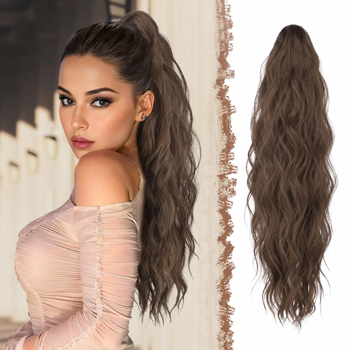 FESHFEN Extension Queue de Cheval avec Pince - Postiche Cheveux Naturel Ondulé Longue Ponytail Extensions Synthétique Fausse Rajout Postiches pour Femmes, 63 cm Châtain