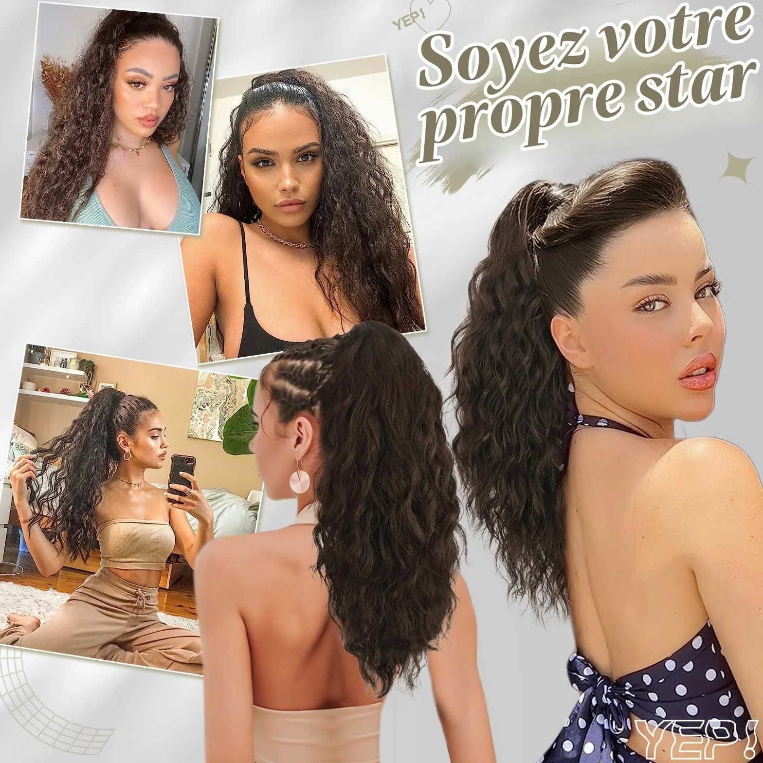 BARSDAR Extensions de cheveux synthétiques à clipser pour queue de cheval - 45,7 cm - Cheveux bouclés et ondulés - Pour tous les jours - Brun foncé