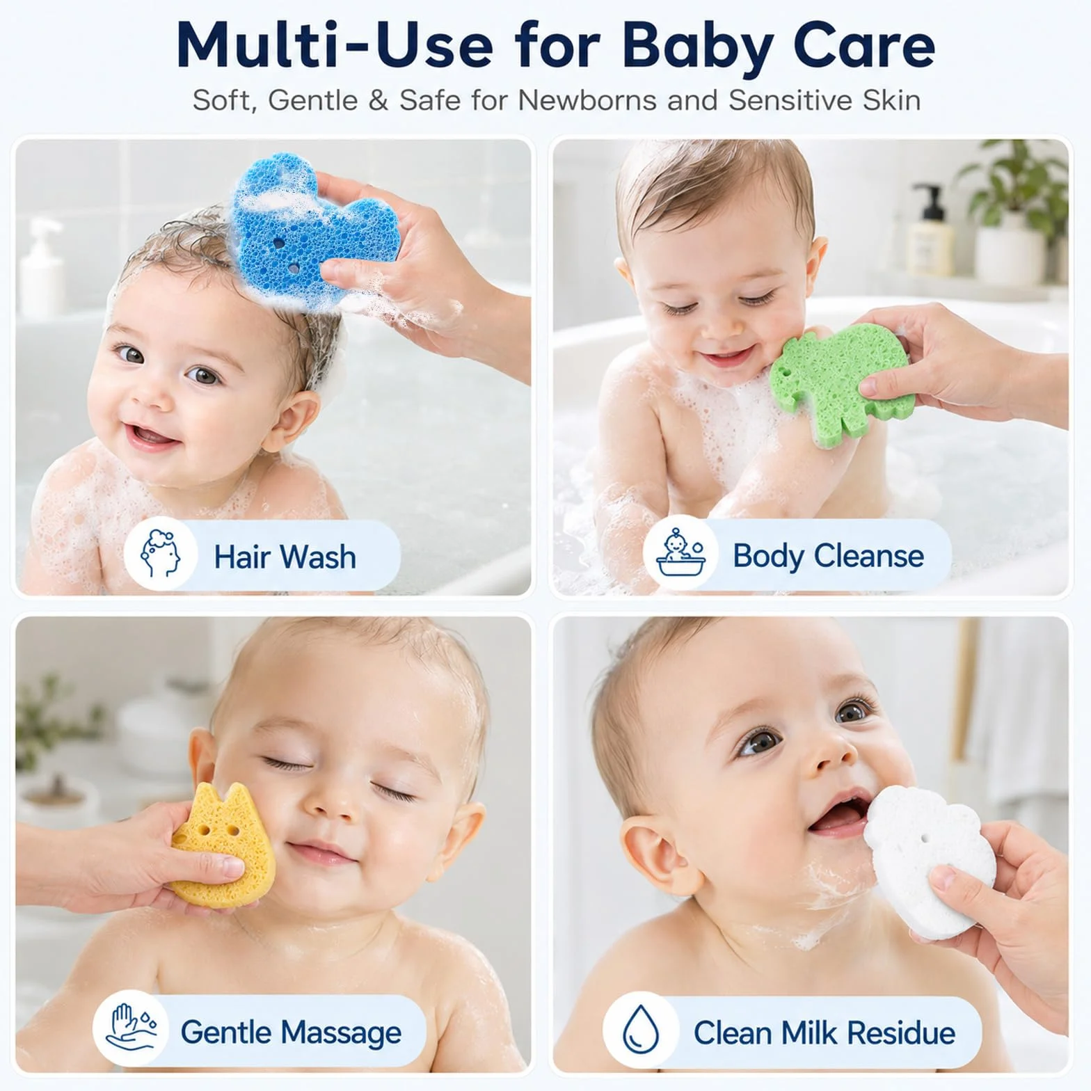 Éponges Bebe de Bain 8 Pièces, Éponges Mignonnes pour Tout-petits et Enfants, Exfoliante Multifonctionnelle Accessoires Douche
