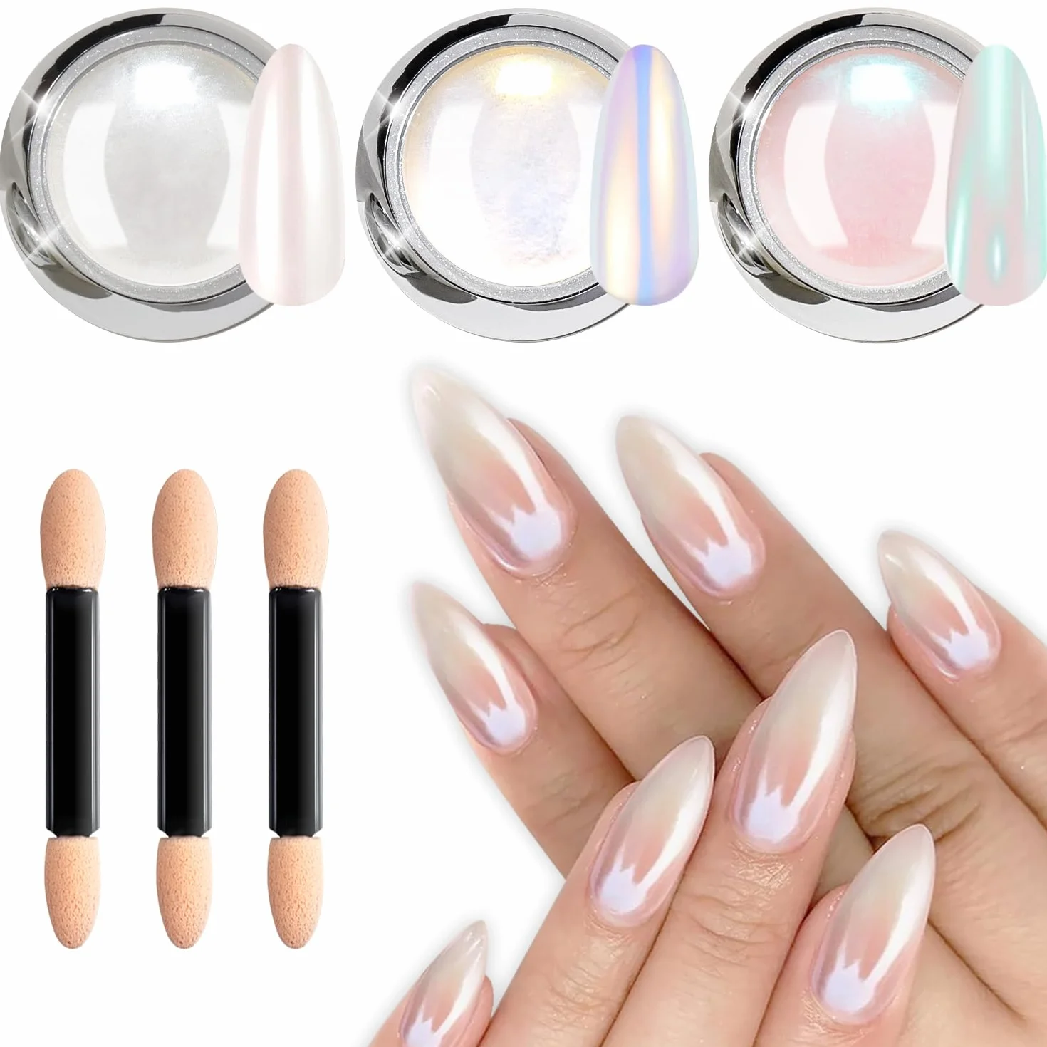 Poudre Chrome Ongle Nacrée BISHENGYF 3Pcs Aurora Poudres Chromée Ongle Blanches Transparente Holo Paillettes Ongles Effet Miroir Nail Art DIY