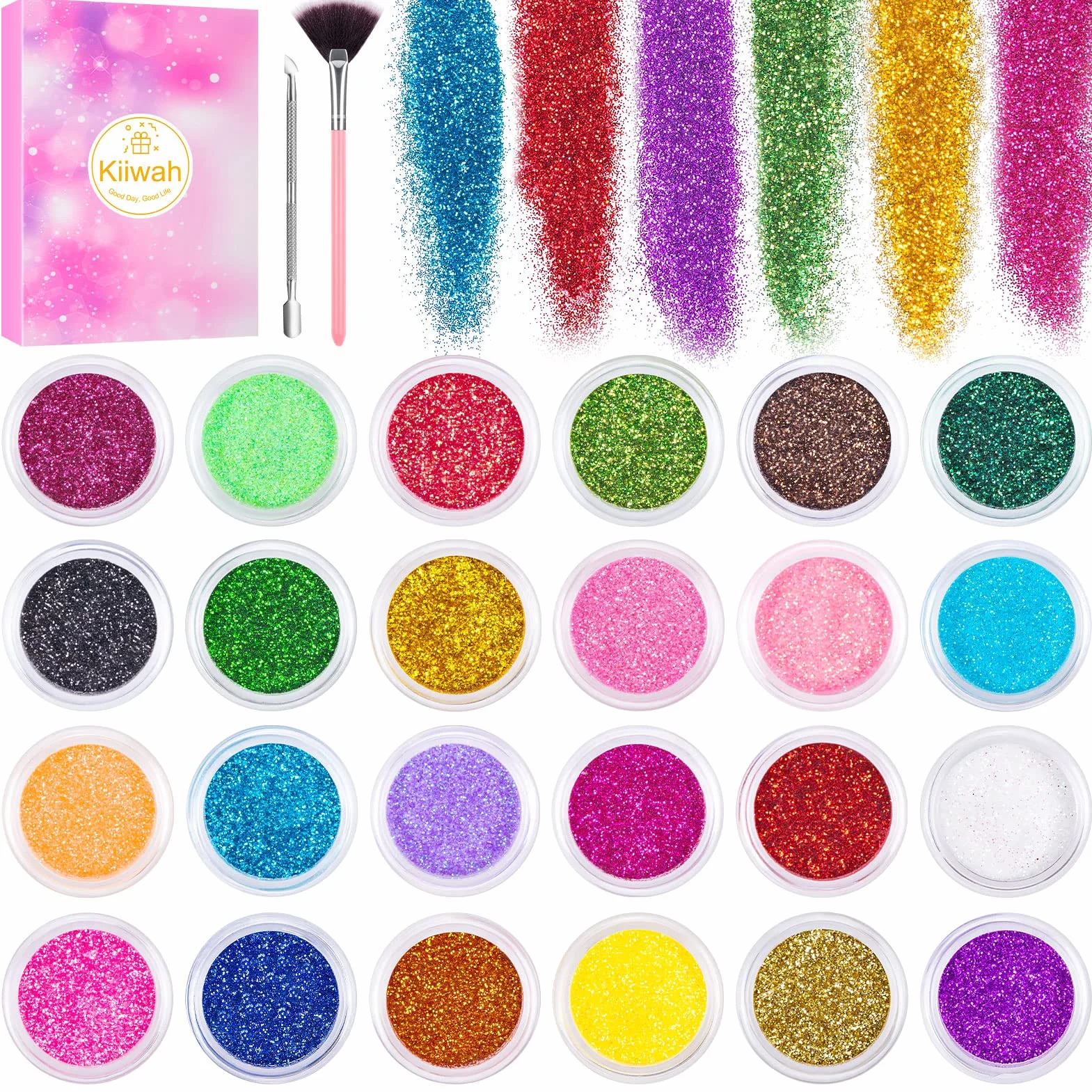 Poudre Ongles Nail Art Paillettes 24 Pièces avec Pinceaux et Pousse Cuticule