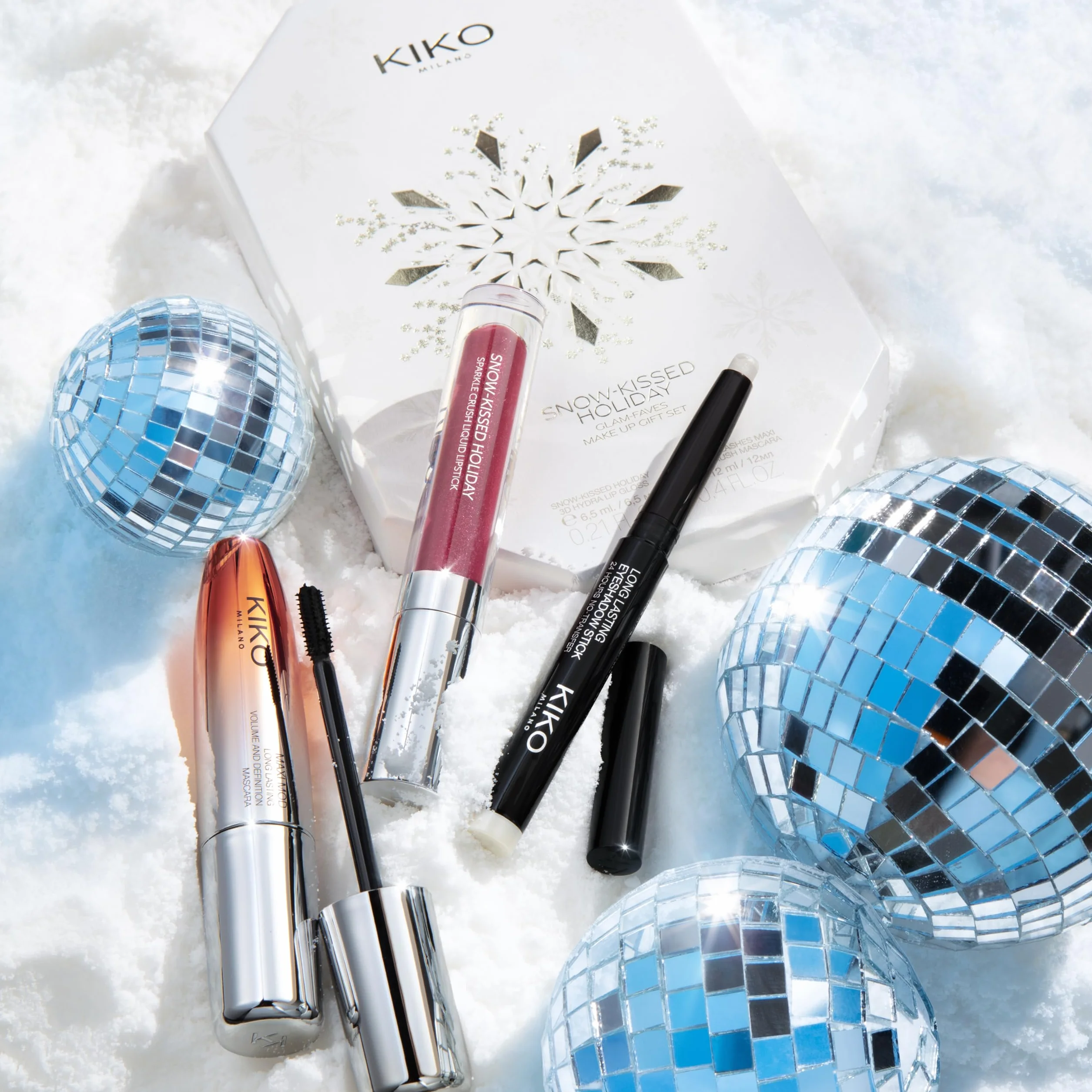 KIKO Milano Snow-Kissed Holiday Glam-Faves Make Up Gift Set, Coffret Cadeau Maquillage: Mascara Effet Volumateur, Rouge À Lèvres De Mat À Scintillant Et Ombre À Paupières En Stick