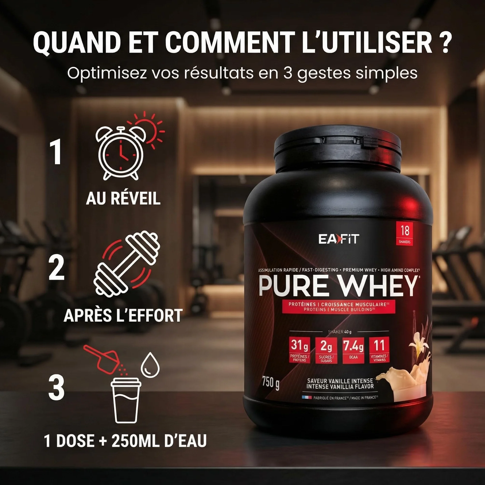 EAFIT WHEY PROTEIN Vanille 750g 31g Proteine BCAA Shaker Pre Workout