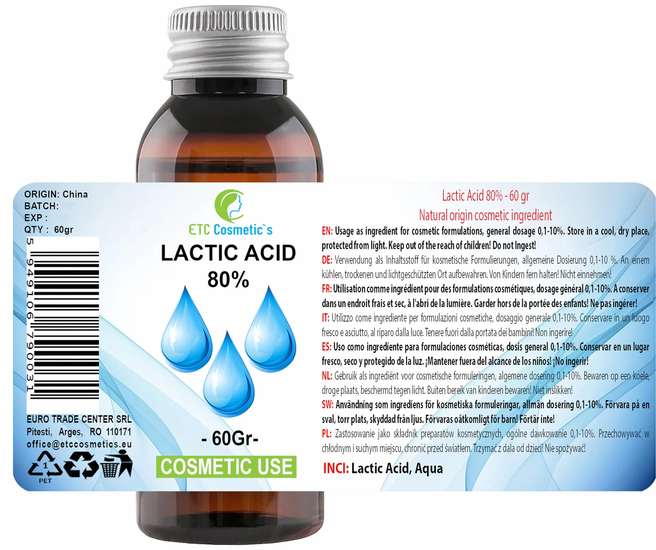 ACIDE LACTIQUE 80% 120g Peeling Peau Corps Cheveux Contrôle pH Kératolytique