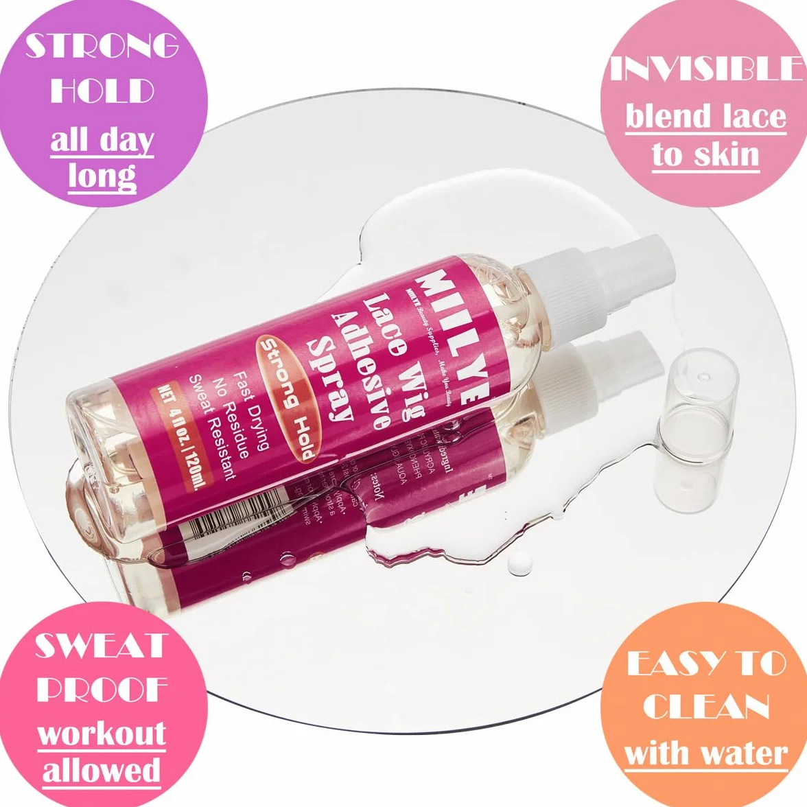 MIILYE Kit d'installation de perruque, 120 ml, spray adhésif pour perruques frontales, colle blanche, tenue forte sans couture, invisible