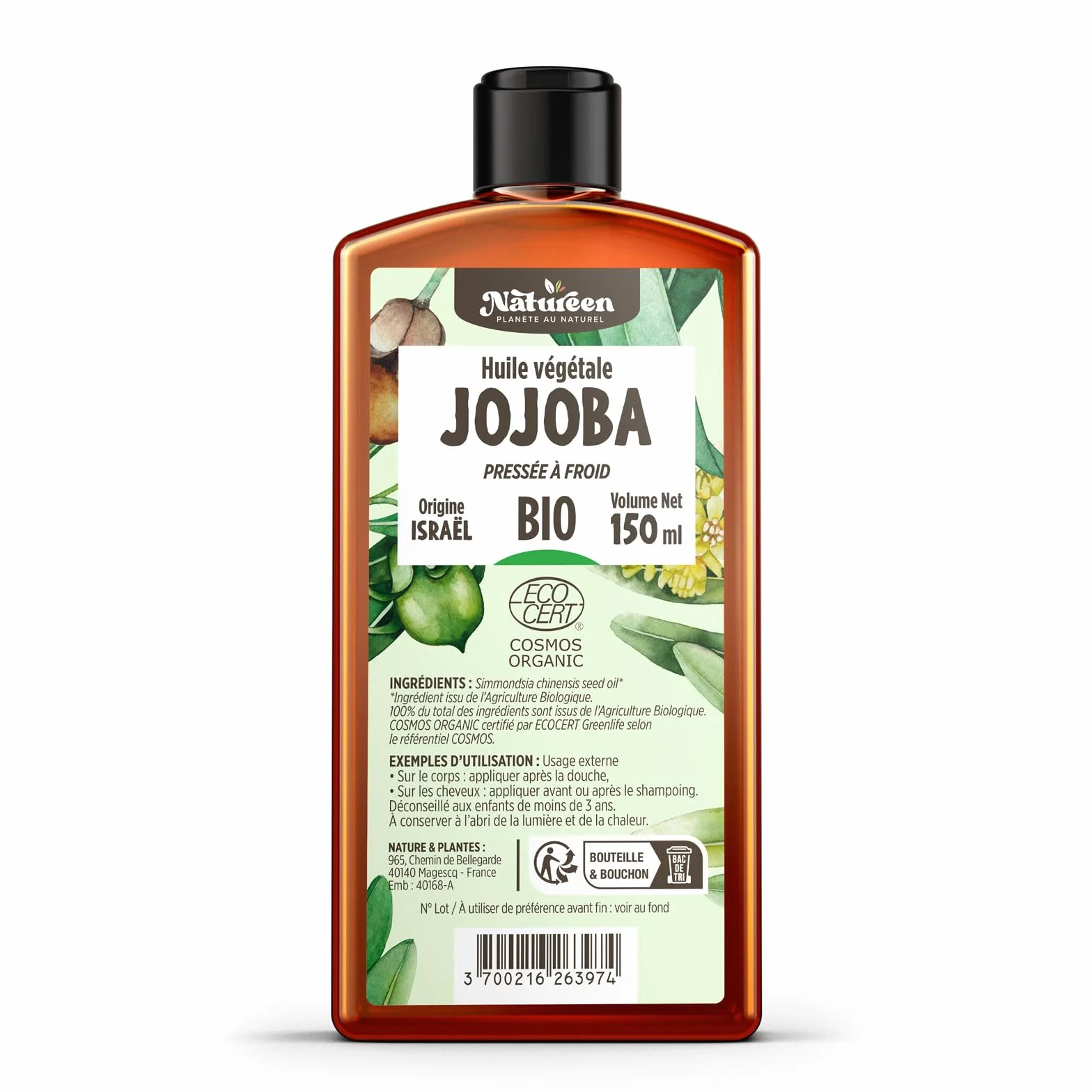 Huile de JOJOBA Bio 150 ml Cosmos Organic Planète au Naturel Pure Pressée à froid