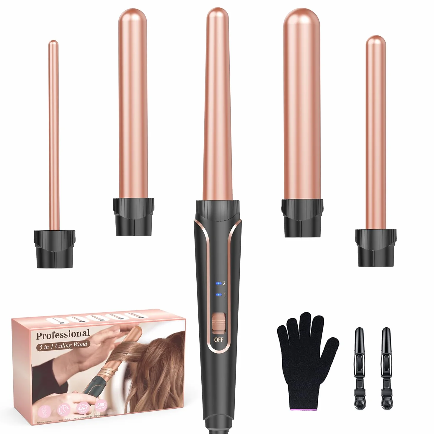 Fer à friser grandes et petites boucles - 5 en 1 avec différents embouts, revêtement antistatique en céramique tourmaline, fer à vagues pour vagues de plage