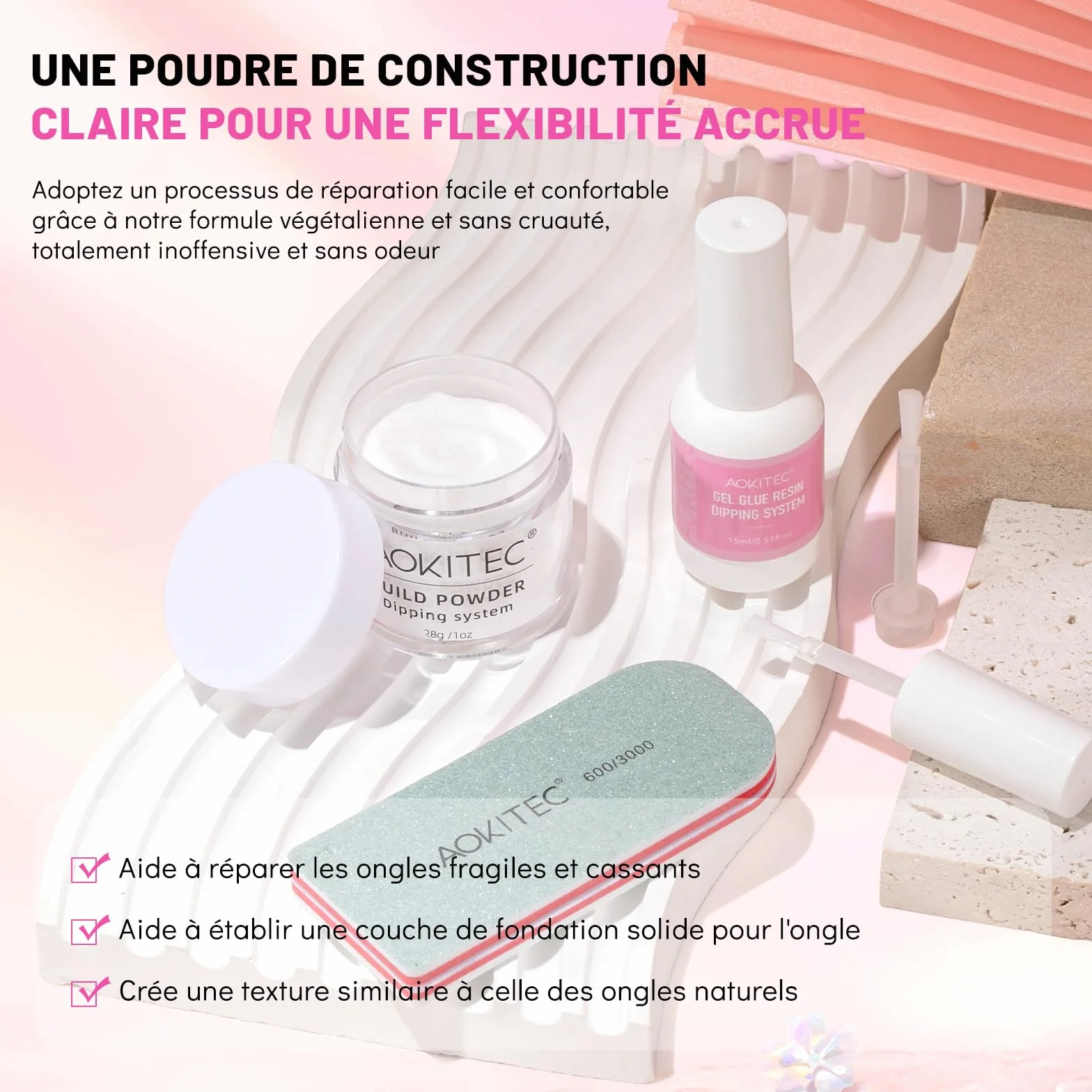 Aokitec Kit de poudre Dip Build 28 g avec colle de réparation pour ongles naturels cassés, séchage rapide à l'air libre