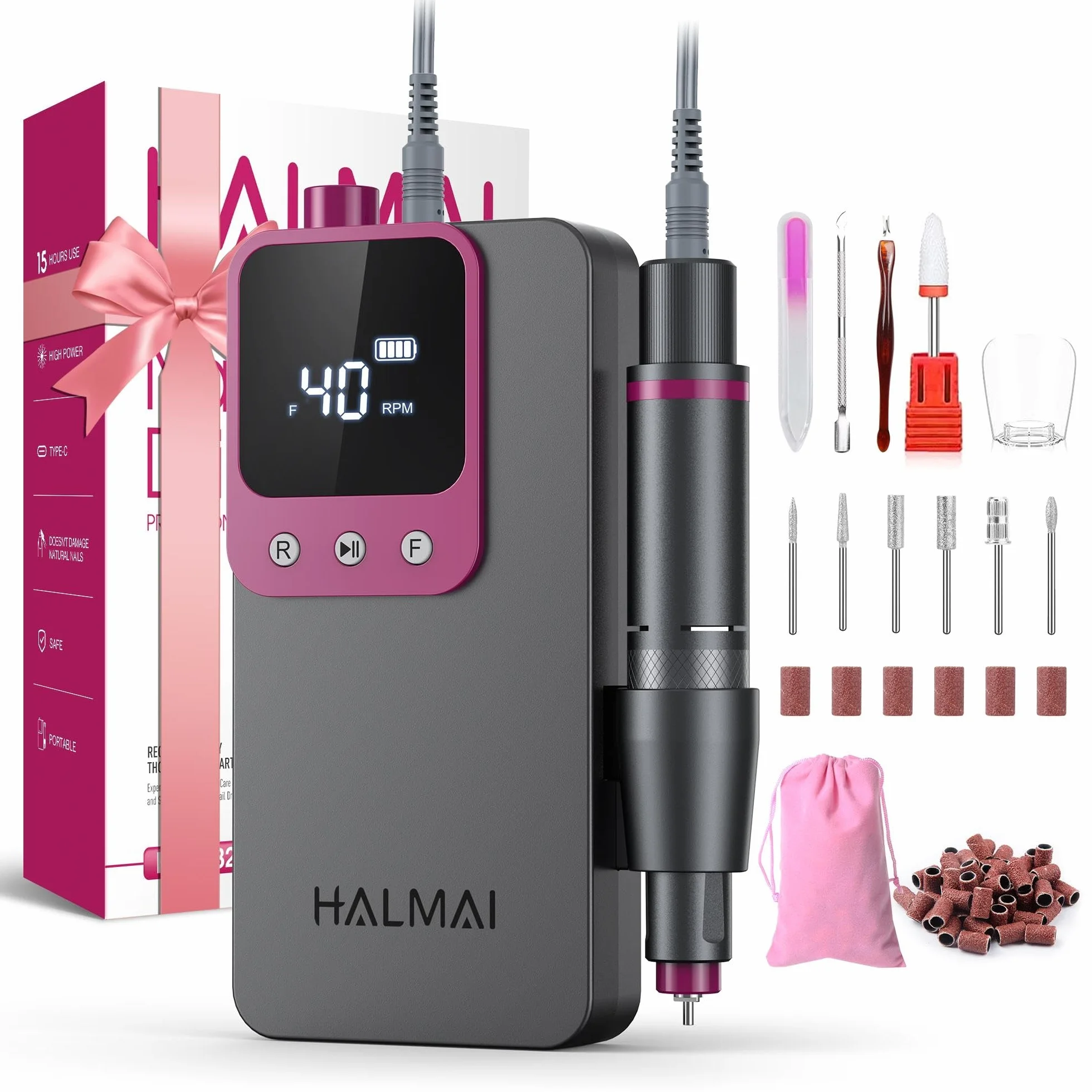 HALMAI Ponceuse à ongles professionnelle sans fil 40000RPM HMC320, Lime acrylique rechargeable gris foncé