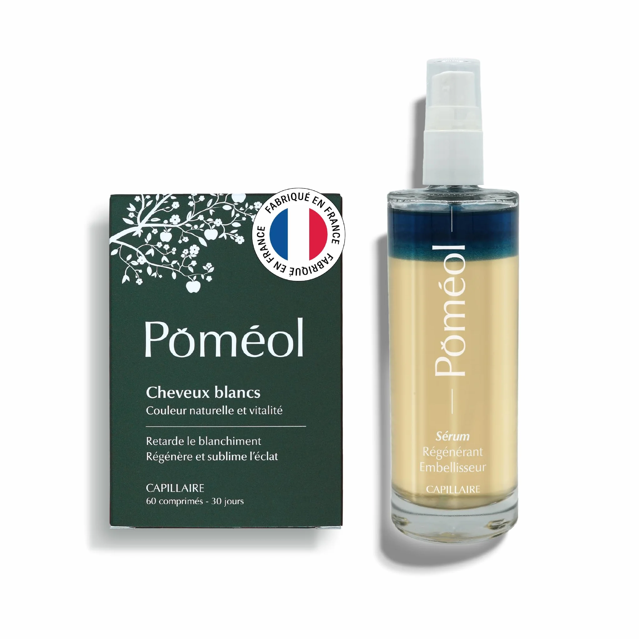 Pack Pigmentation Cheveux Blancs & Gris | Sérum Régénérant & Embellisseur + Complément Alimentaire 30 jours Pigmentation Cheveux Blancs & Gris | Spécial Couleur | Pousse, Volume et Anti-chute | POMÉOL