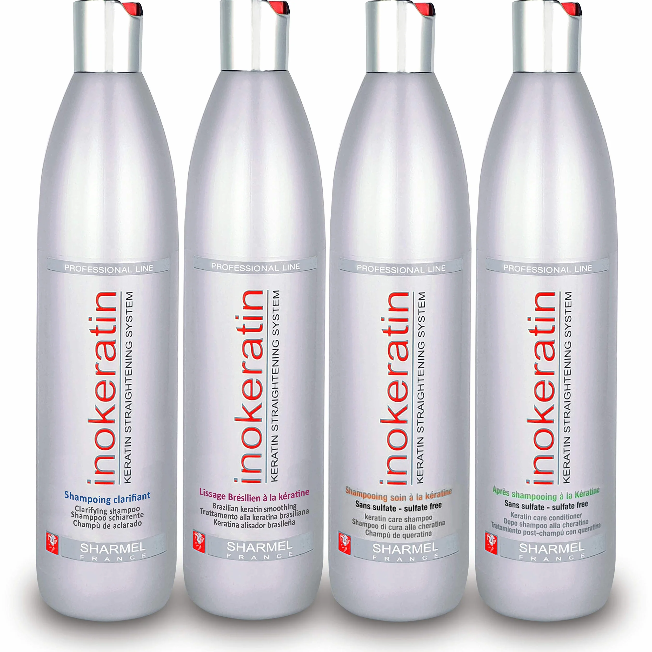 Kit Lissage Brésilien Inokeratin à la Kératine et à l'Huile d'Argan - 4 x 500 ml - Jusqu'à 6 Applications - sans formol - Made in France