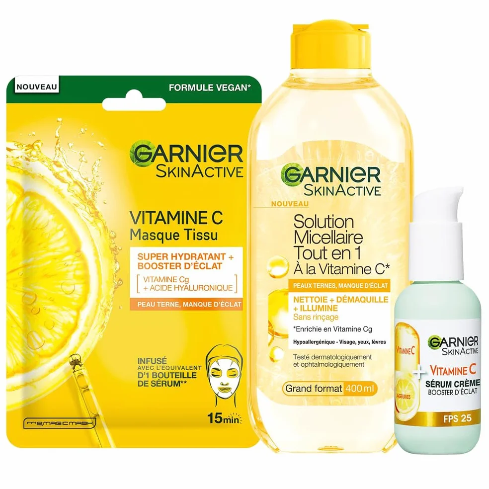 Garnier - Coffret Routine Eclat 3 Produits - Enrichie en Vitamine C - Pour les Peaux Ternes - Sérum Crème Visage (50 ml), Masque Tissu Hydratant, Eau Micellaire Tout en 1 (400 ml)