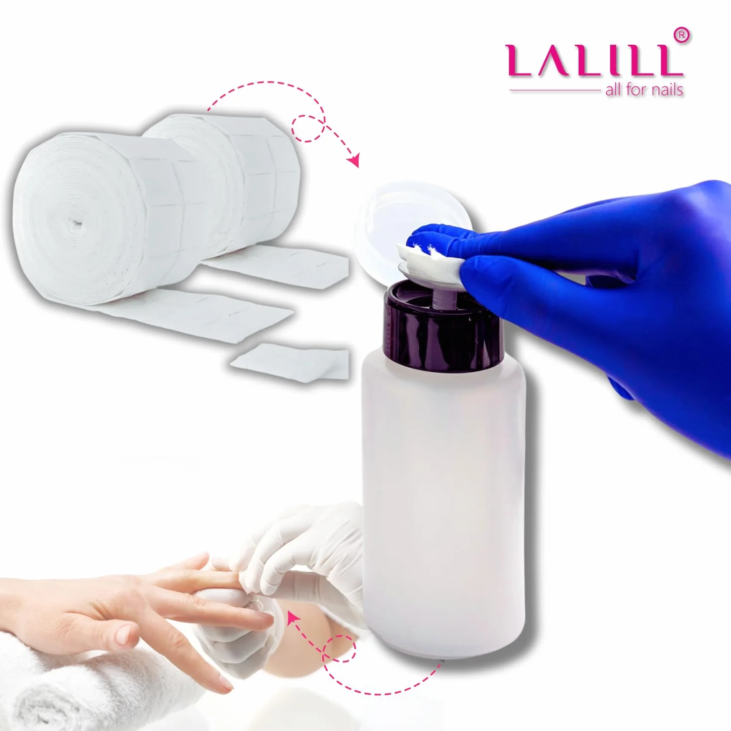 LALILL Cleaner Ongles Dégraissant 500ml Kit - Nettoyant pour Ongles avec Flacon Pompe 200ml, 500 Pads et Brosse