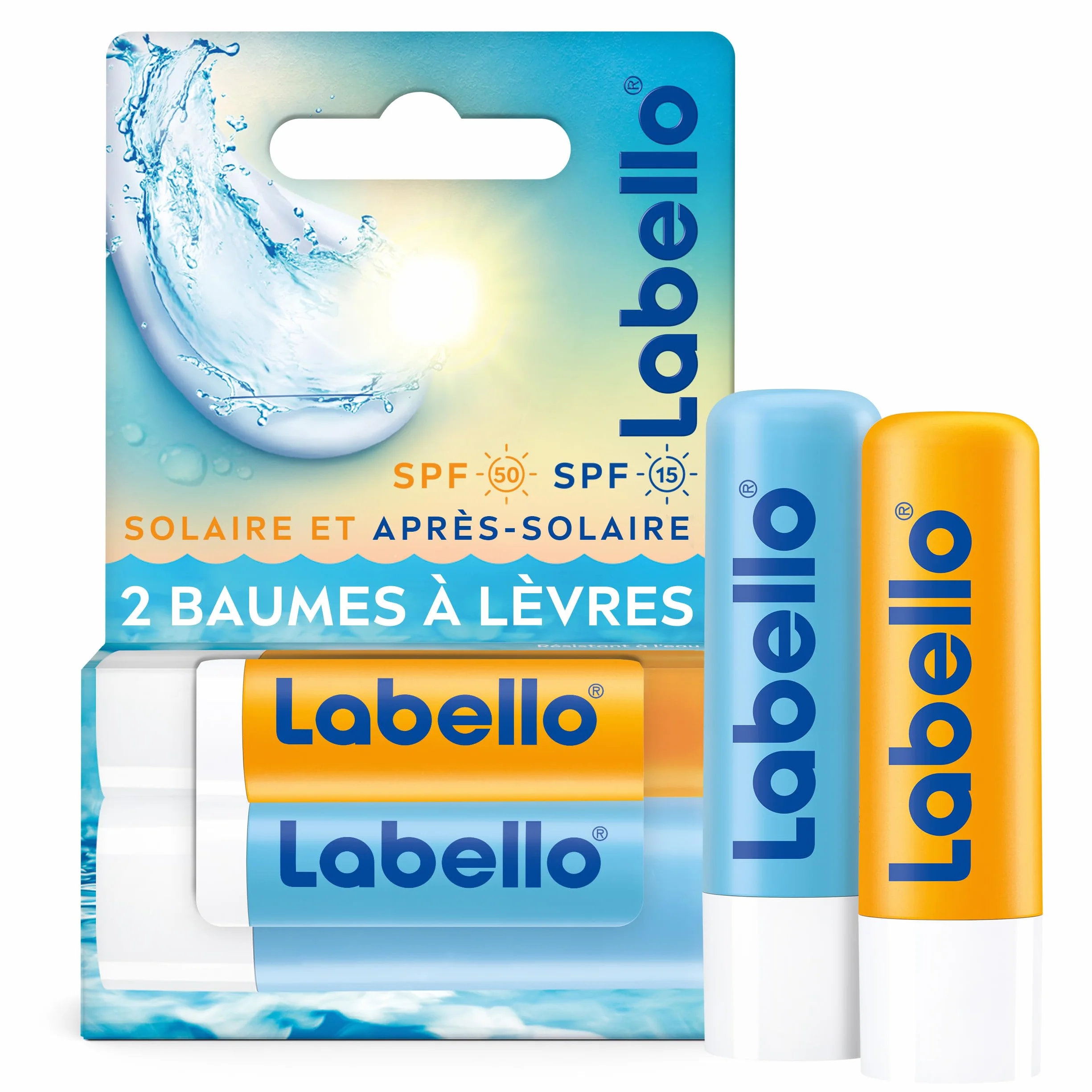 LABELLO Lot de 2 stick à lèvres Sun Protect FPS 30 & Hydro Care FPS 15, baume à lèvres protection UVA/UVB hydratation 24h vitamines C & E