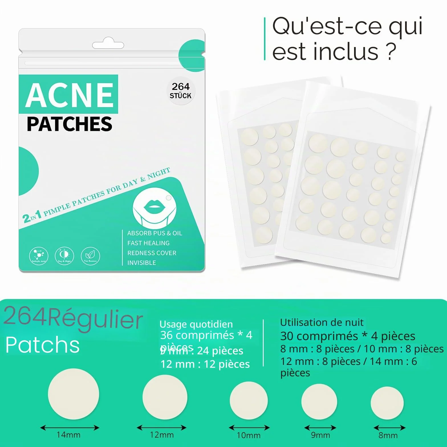Patch Bouton Hydrocolloïdal Puissant 2 en 1 Point Noir Invisible Imperméable Respirant Acné Visage (264PCS)