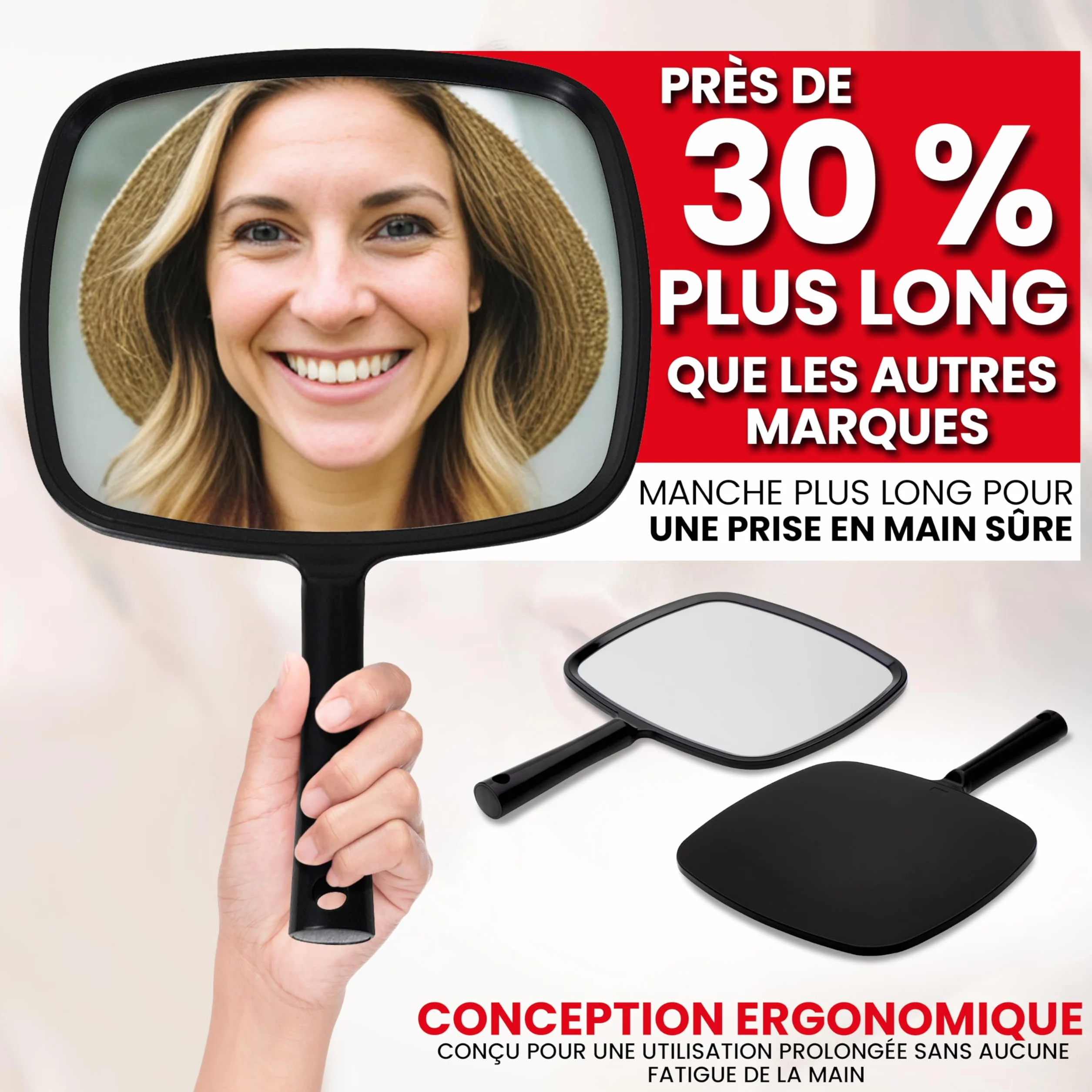 Mirrorvana Miroir à Main 20,3 x 28 cm avec poignée Ergonomique pour Maquillage et Coiffure (Noir)