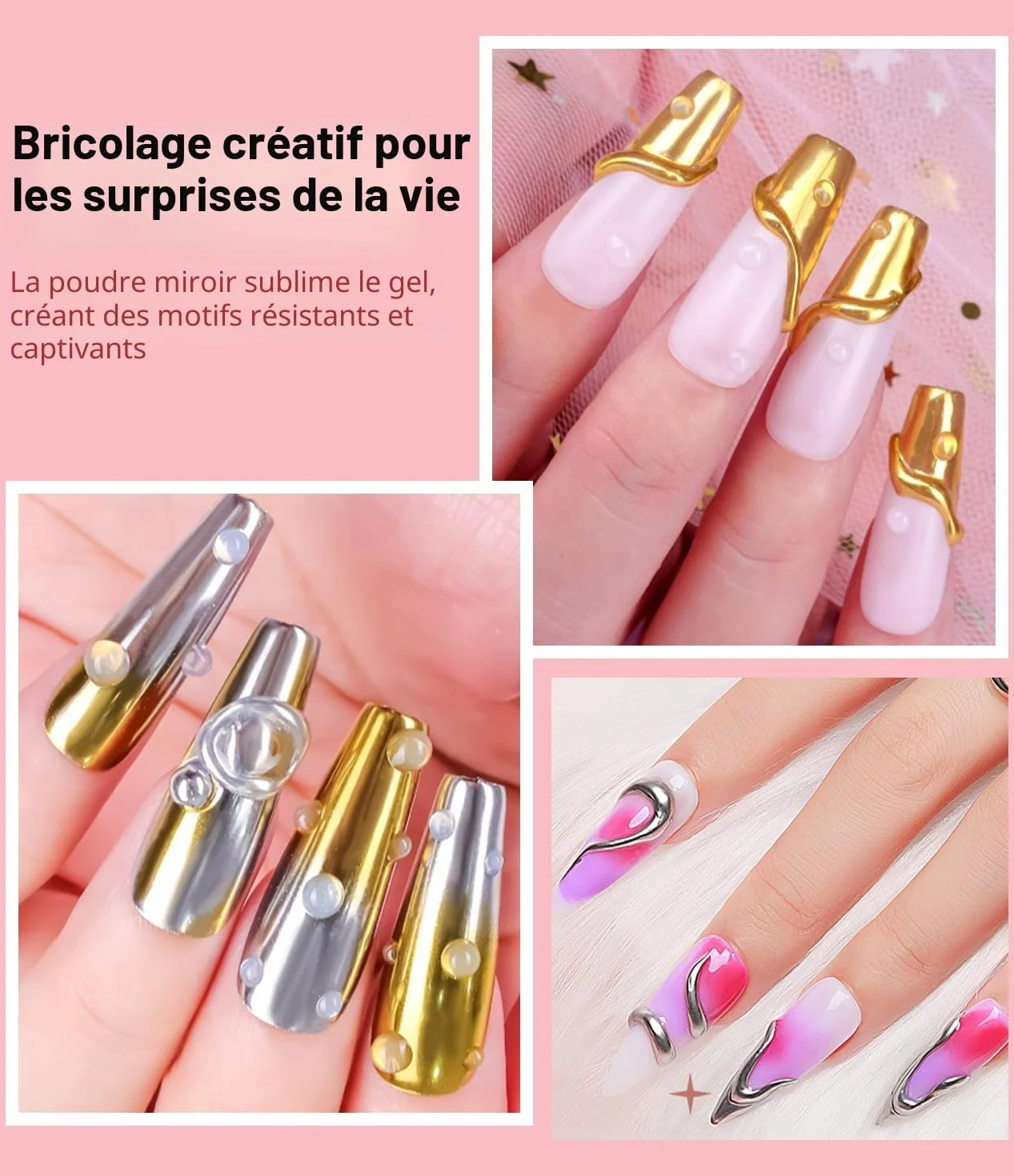Kit de décoration d'ongles chromé et gel 3D 4 en 1, poudre miroir sans essuyage, or rose et argent, base solide transparente