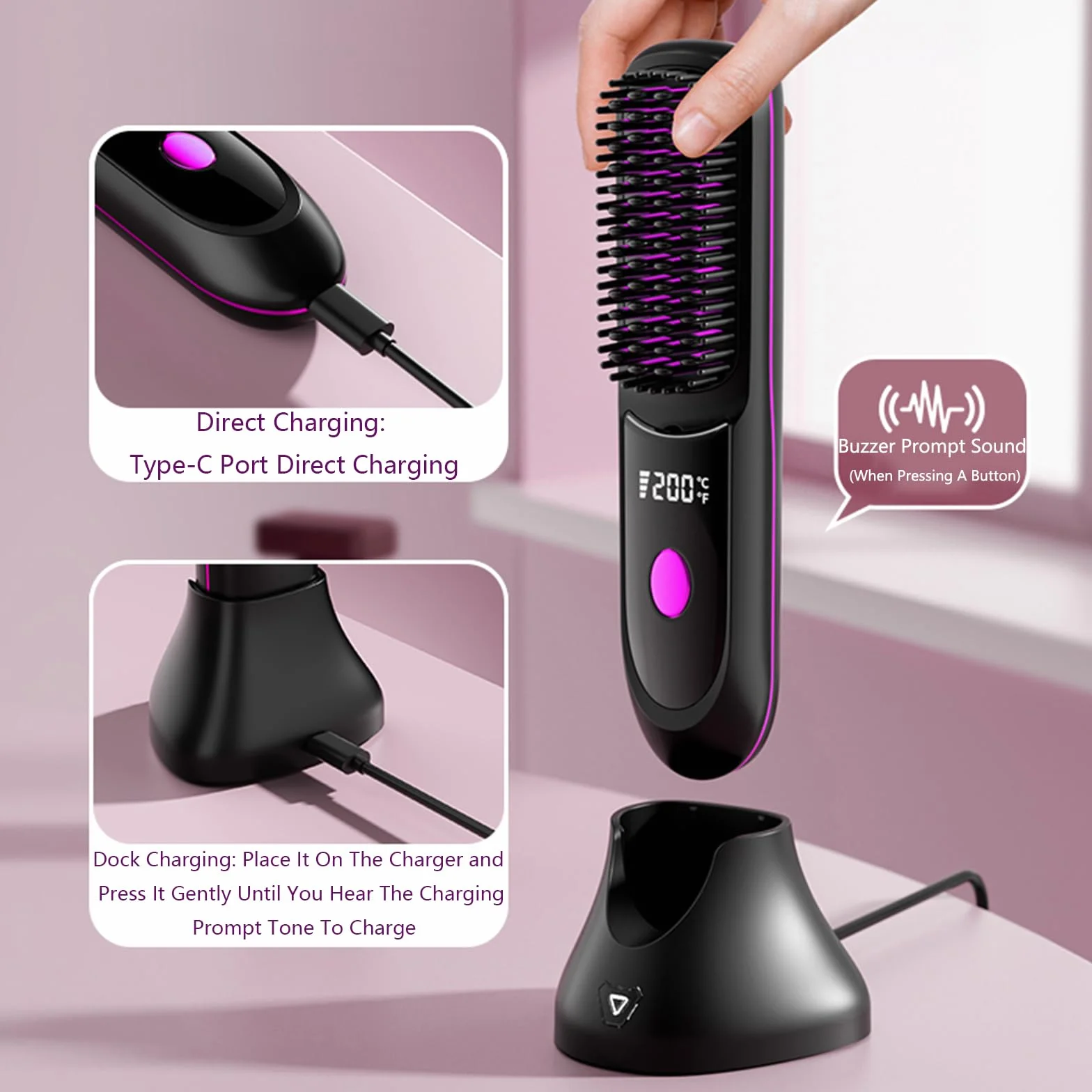 Go Brush Pro Fer à lisser – Peigne sans fil avec ion négatif, chauffage rapide 6000 mAh et design de voyage portable, brosse rechargeable pour lisser et boucler (violet, 1 pièce)