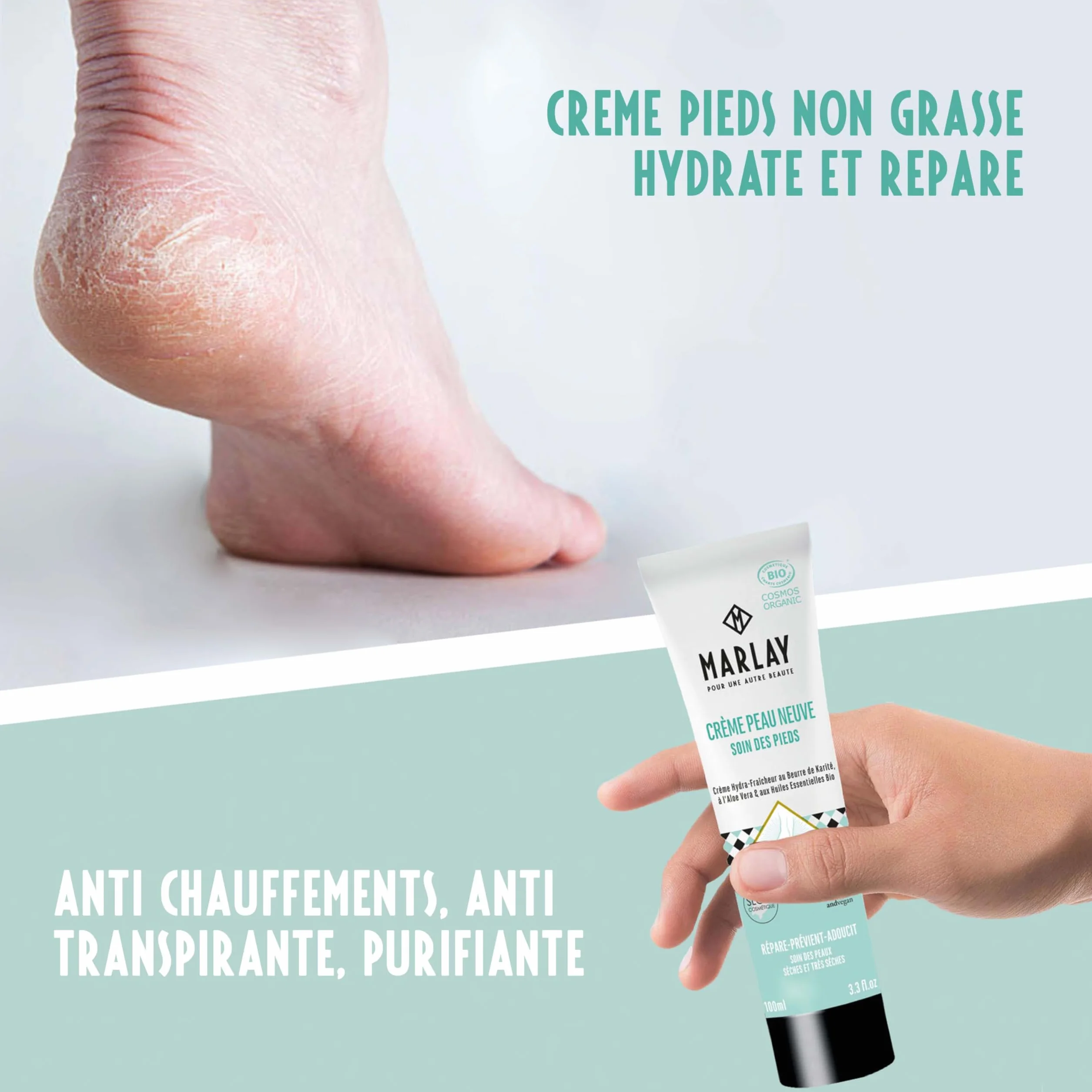 Marlay Cosmetics Crème Peau Neuve 100 ml Anti-transpirante Anti-échauffements 99% Origine Naturelle Fabriquée en France
