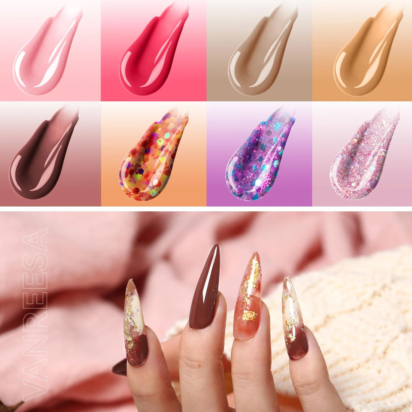 VANREESA Kit Ongle Acrygel Rose Glitter Gel Construction UV 8 Couleurs 15ml Débutantes DIY