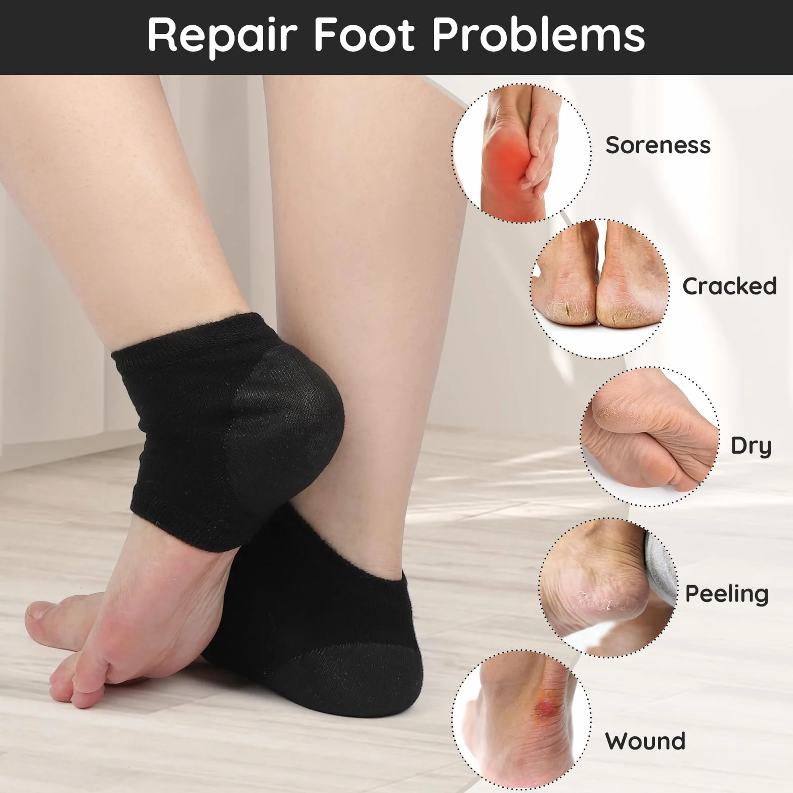 Segbeauty Chaussettes à Bout Ouvert en Gel, 4 Paires, Chaussettes Hydratantes pour Pieds Secs en Silicone (Noir)