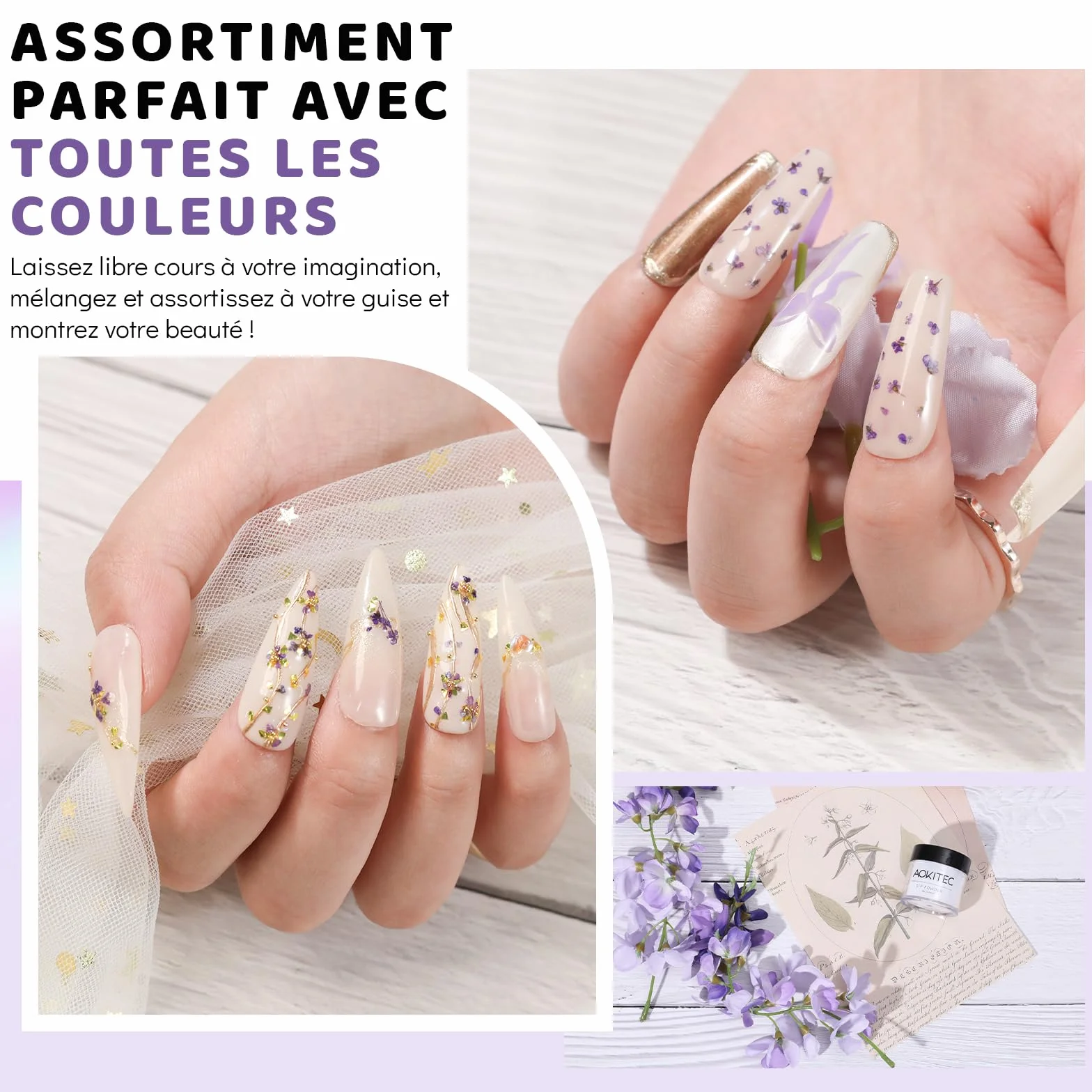 Aokitec Poudre à Tremper Fleurs Séchées Violettes 1 oz Nail Art Décoration