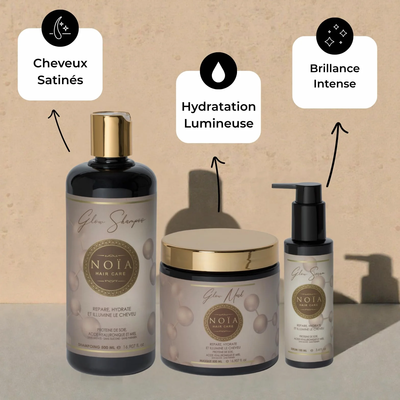 NOÏA HAIR – Trio Capillaire Professionnel GLOW – Shampoing 500ml +Masque 500ml + Sérum 100ml – Hydratation & Brillance – Acide Hyaluronique – Cheveux Secs, Ternes ou Déshydratés