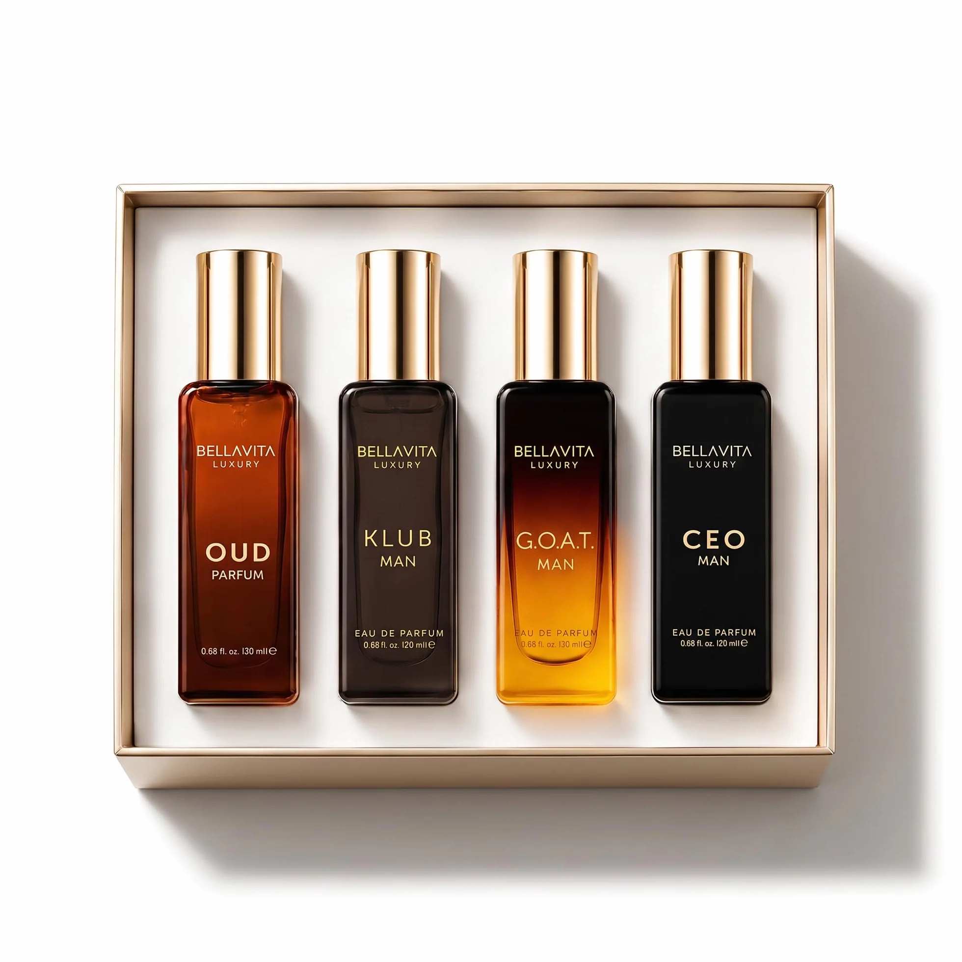 Coffret cadeau de parfum Bella Vita Luxury pour homme 4x20 ML avec Dominus, Oud, CEO, Impact Parfum | Parfum EDP & EDC à long durée aux notes boisées et citronnées