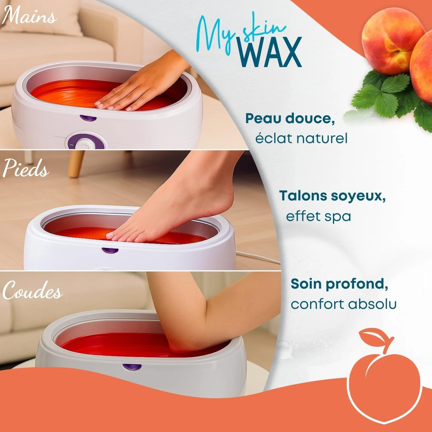 Cire de paraffine Maxi Pack, 6 blocs de 400 g (2,4 kg), parfum pèche, hydratante sans effet gras, idéale pour bains mains et pieds, soulagement arthrite, pédicure