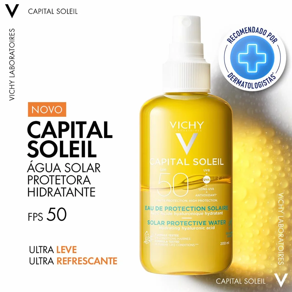 Vichy, Capital Soleil, Eau de Protection Solaire SPF50, Formule Hydratante, Enrichie en Acide Hyaluronique, Convient aux Peaux Sensibles, 200 ml