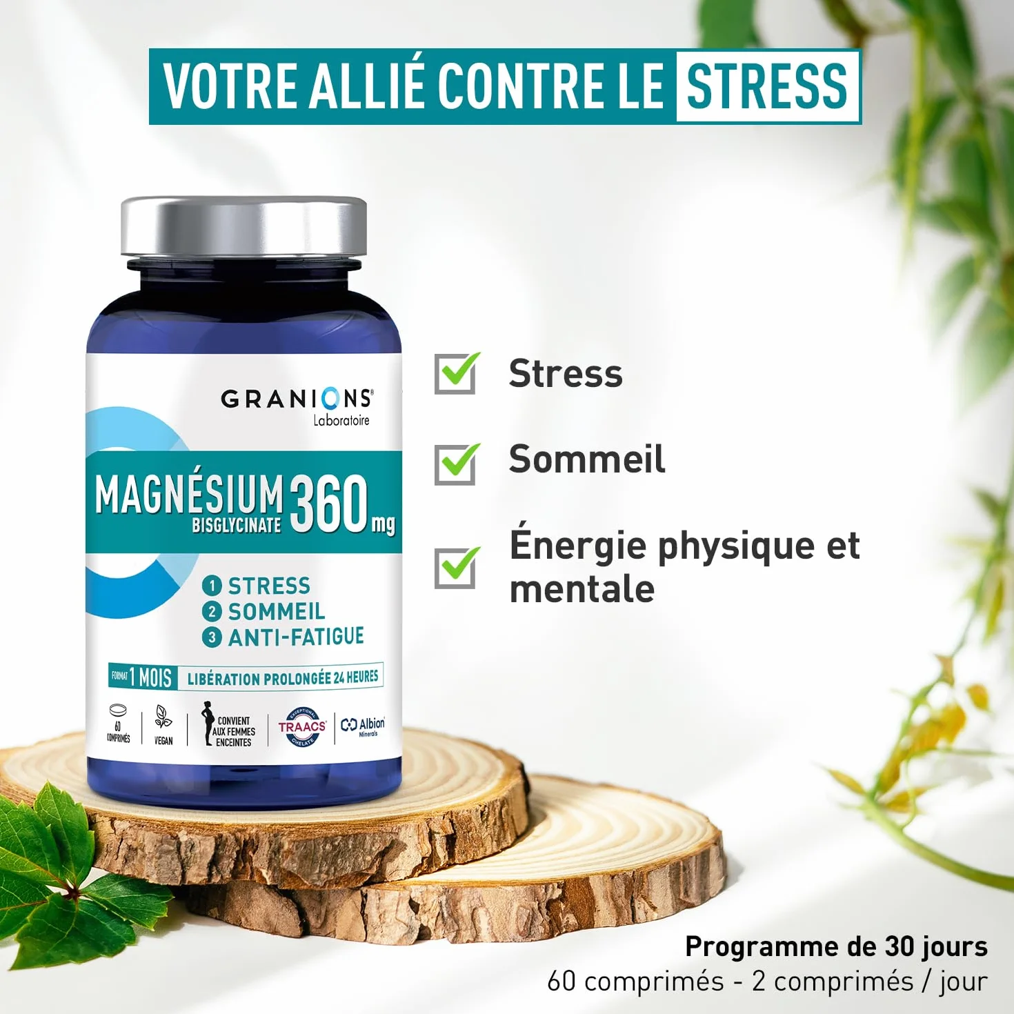 MAGNESIUM BISGLYCINATE 360 MG GRANIONS Magnesium Fort Dosage Vitamine B6 Anti Stress Adulte 60 Comprimés