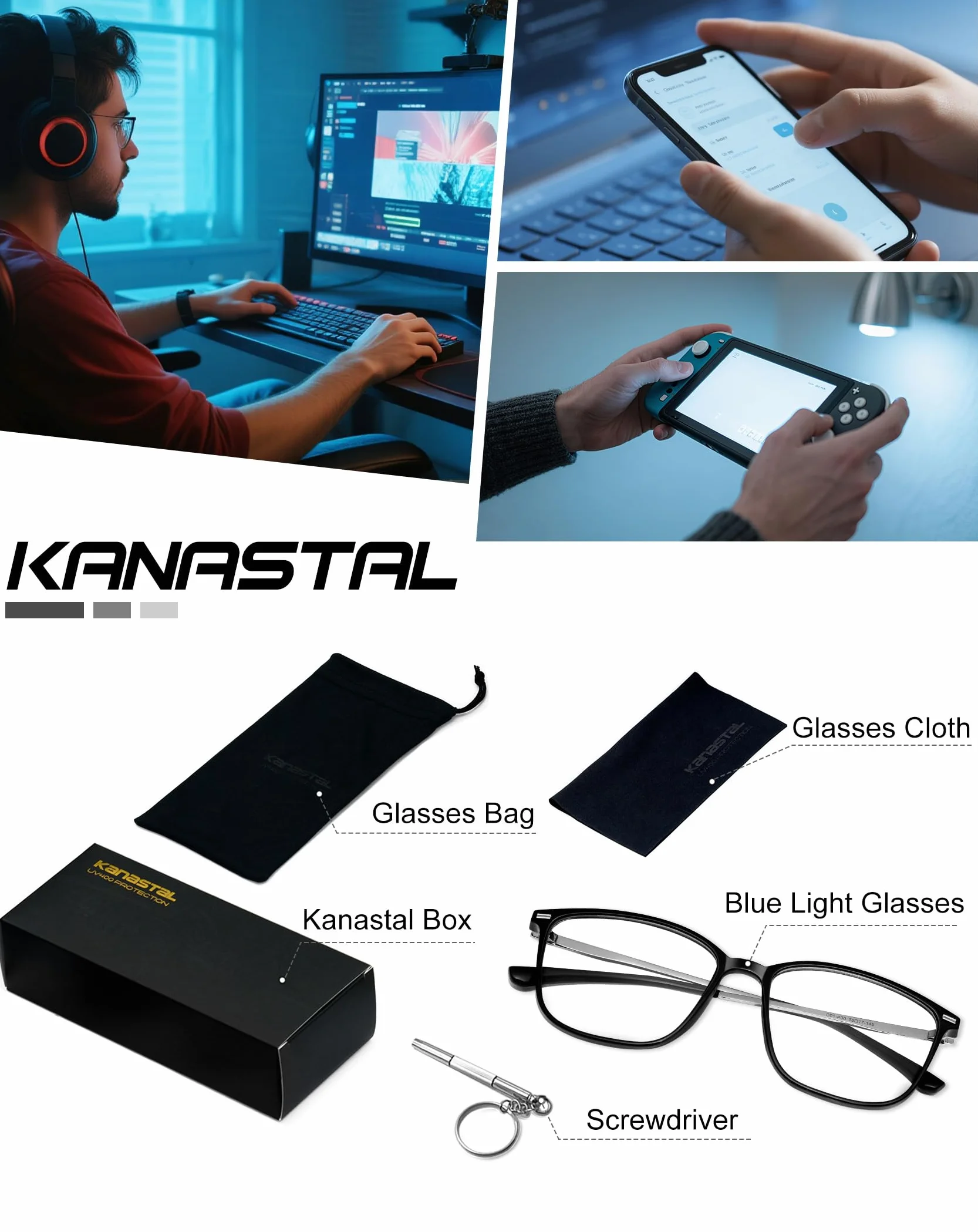 KANASTAL Lunettes anti lumière bleue Homme Femme forme carrée métal protection écran PC ordinateur jeu vidéo