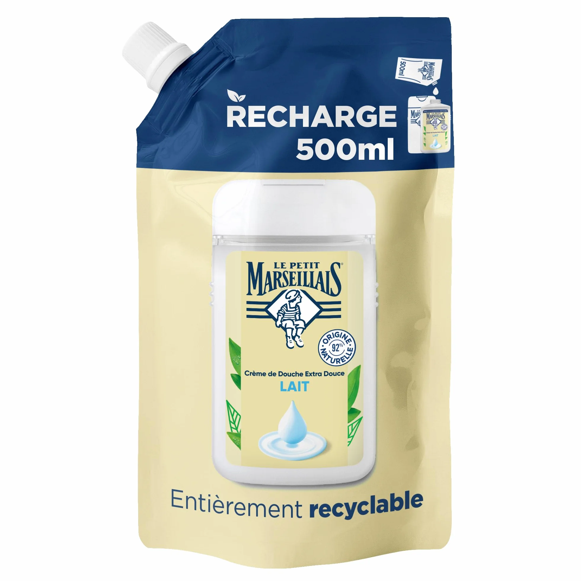 Le Petit Marseillais Recharge Crème de Douche Extra Douce Lait 500 ml – Gel Douche 92% Ingrédients Naturels pH Neutre
