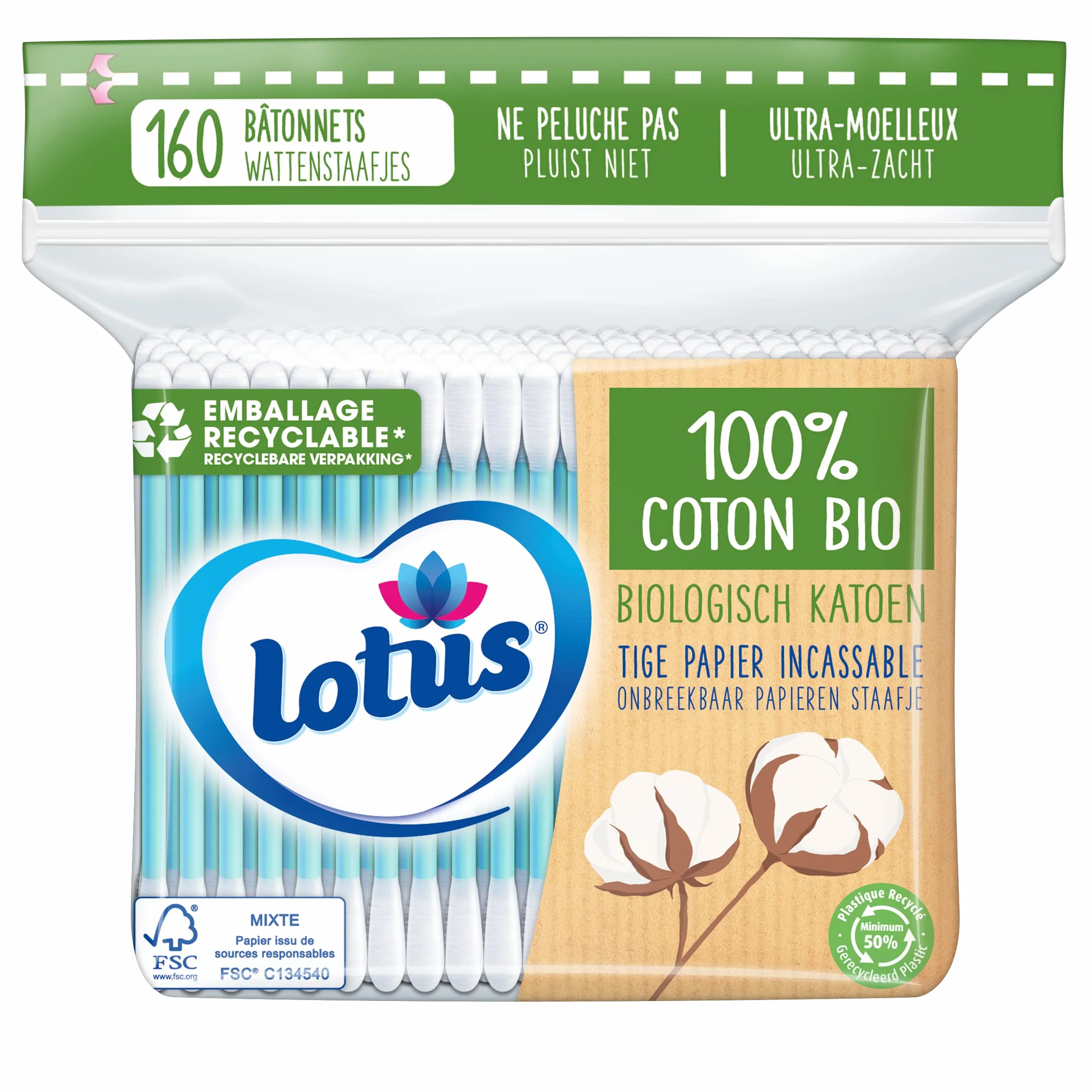 Lotus Coton-Tiges en Papier et Coton Bio Sachet 160 Bâtonnets