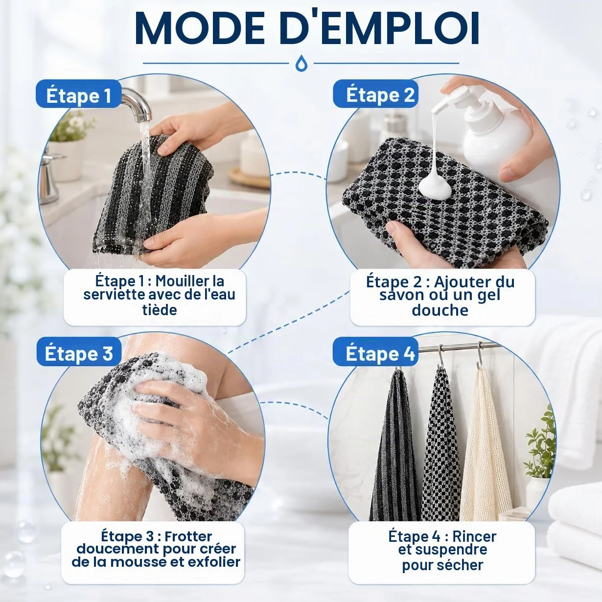 Serviette Exfoliante Douche 3 Pièces Japonaise 25×100 cm Lave Dos Long Double Face Homme Femme