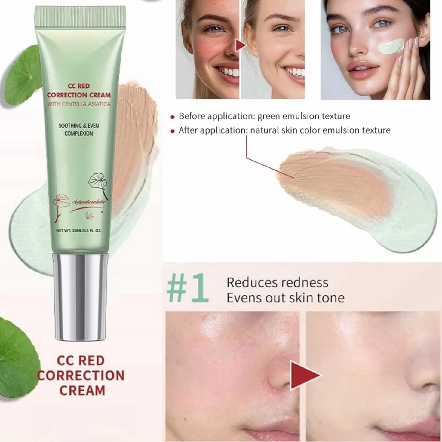 CC Correcteur Rouge à la Centella Asiatica, Anti-cernes Pores Invisibles, Crème CC Légère avec SPF 25, Anti-imperfections, Rougeurs et Marques d'Acné