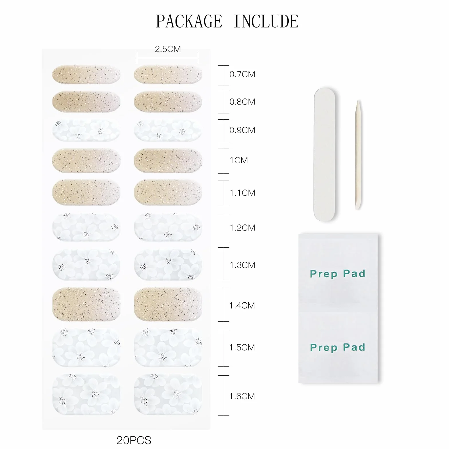 Autocollants pour ongles UV/LED motifs fleurs blanches pailletées semi-durci