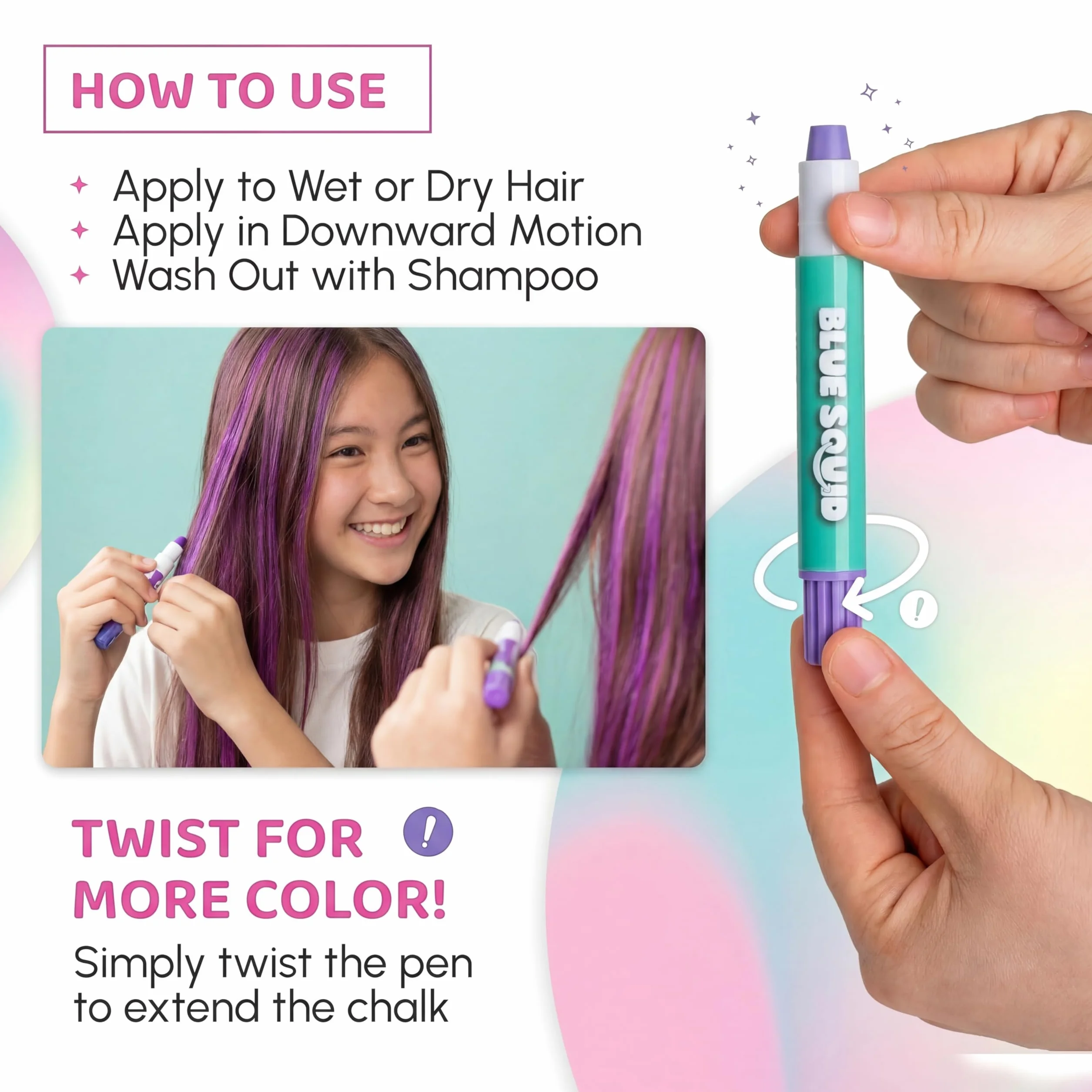 Blue Squid Craie à cheveux pour filles – 10 couleurs temporaires vives – Teinture lavable pour enfants 6-12