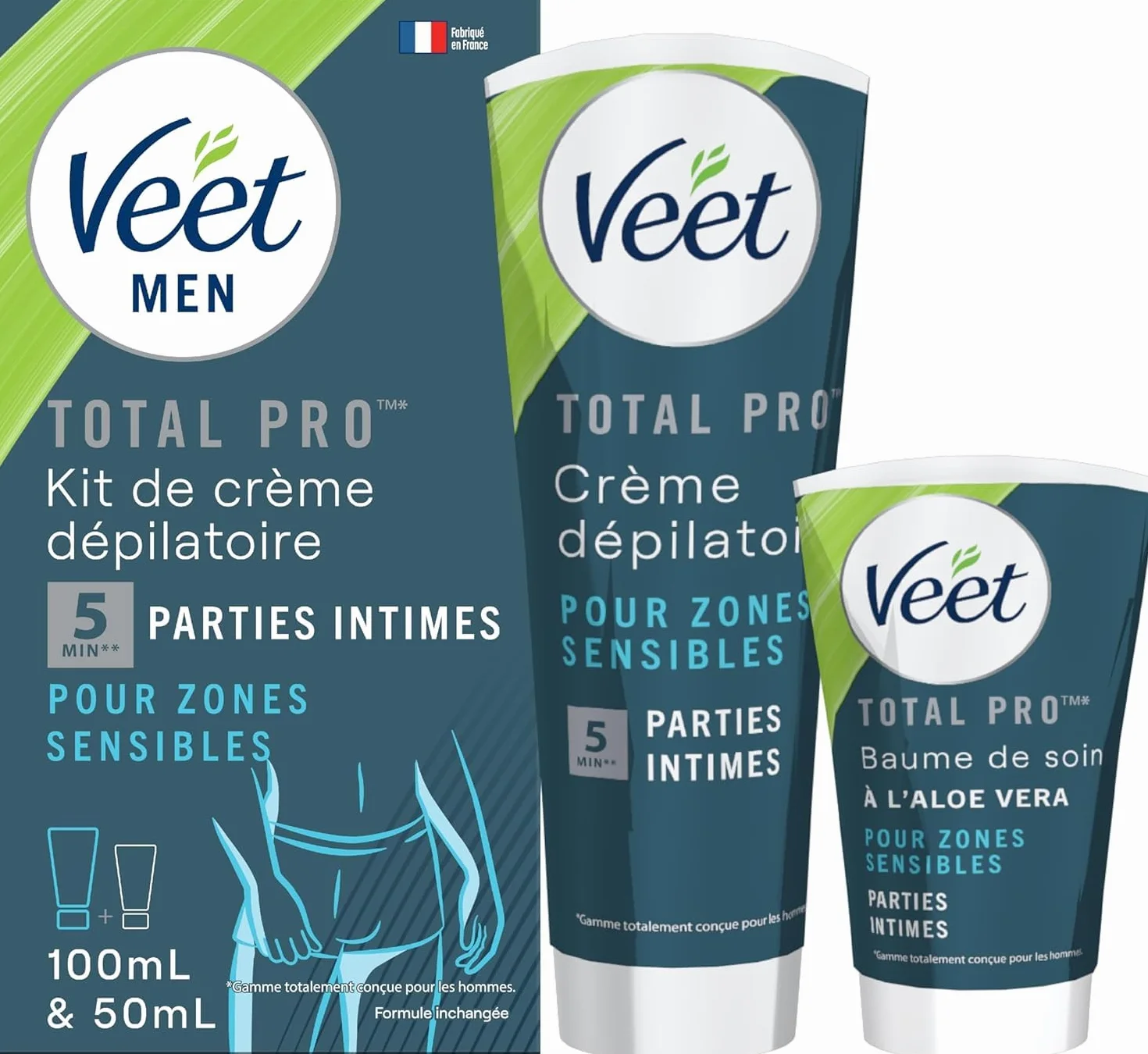 Veet Men Kit d’Épilation Parties Intimes Crème Dépilatoire 100ml Baume de Soin 50ml Zones Sensibles