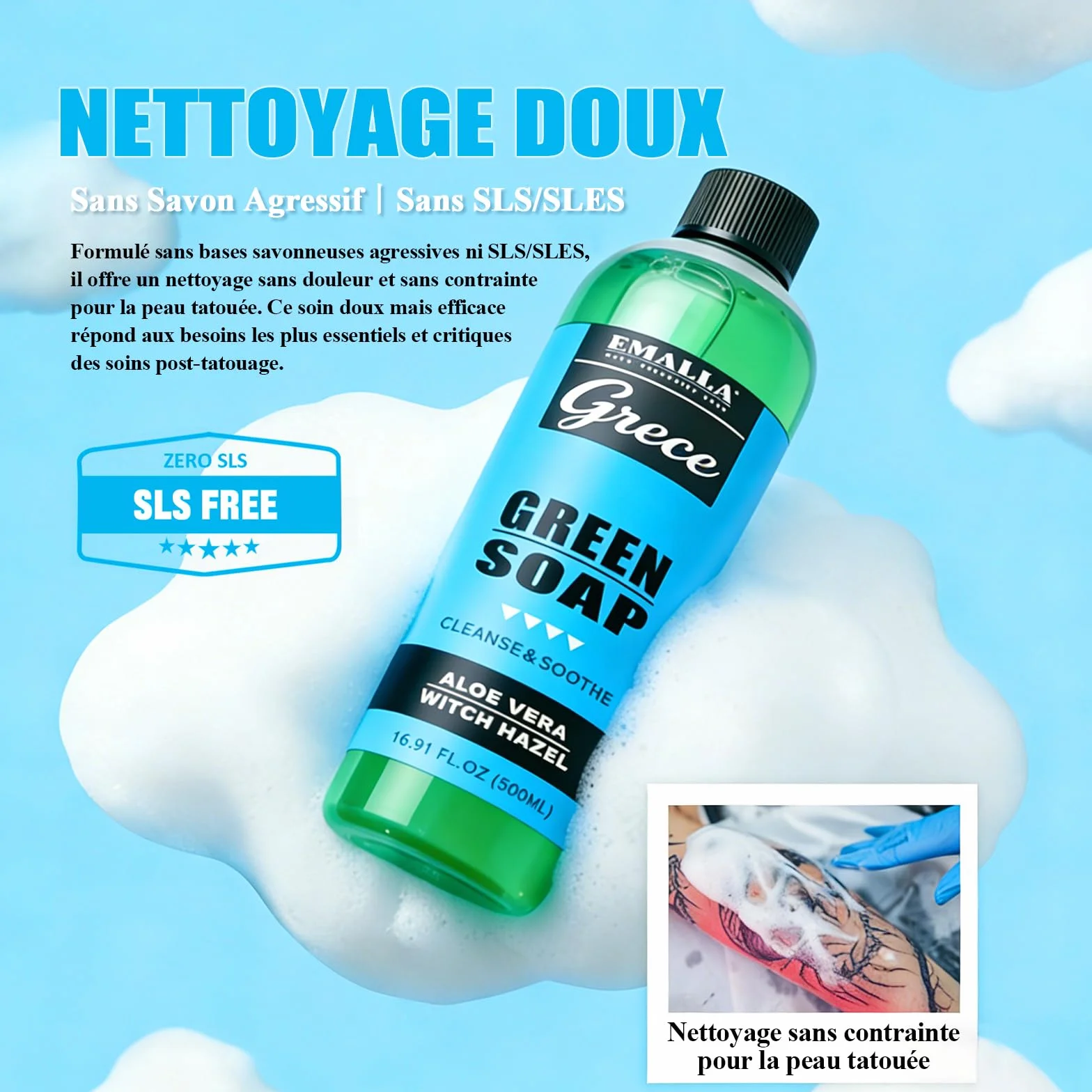 EMALLA 300 ml Tattoo Green Soap Ultra concentré avec flacon de lavage 250 ml - Nettoyant doux pour tatouage